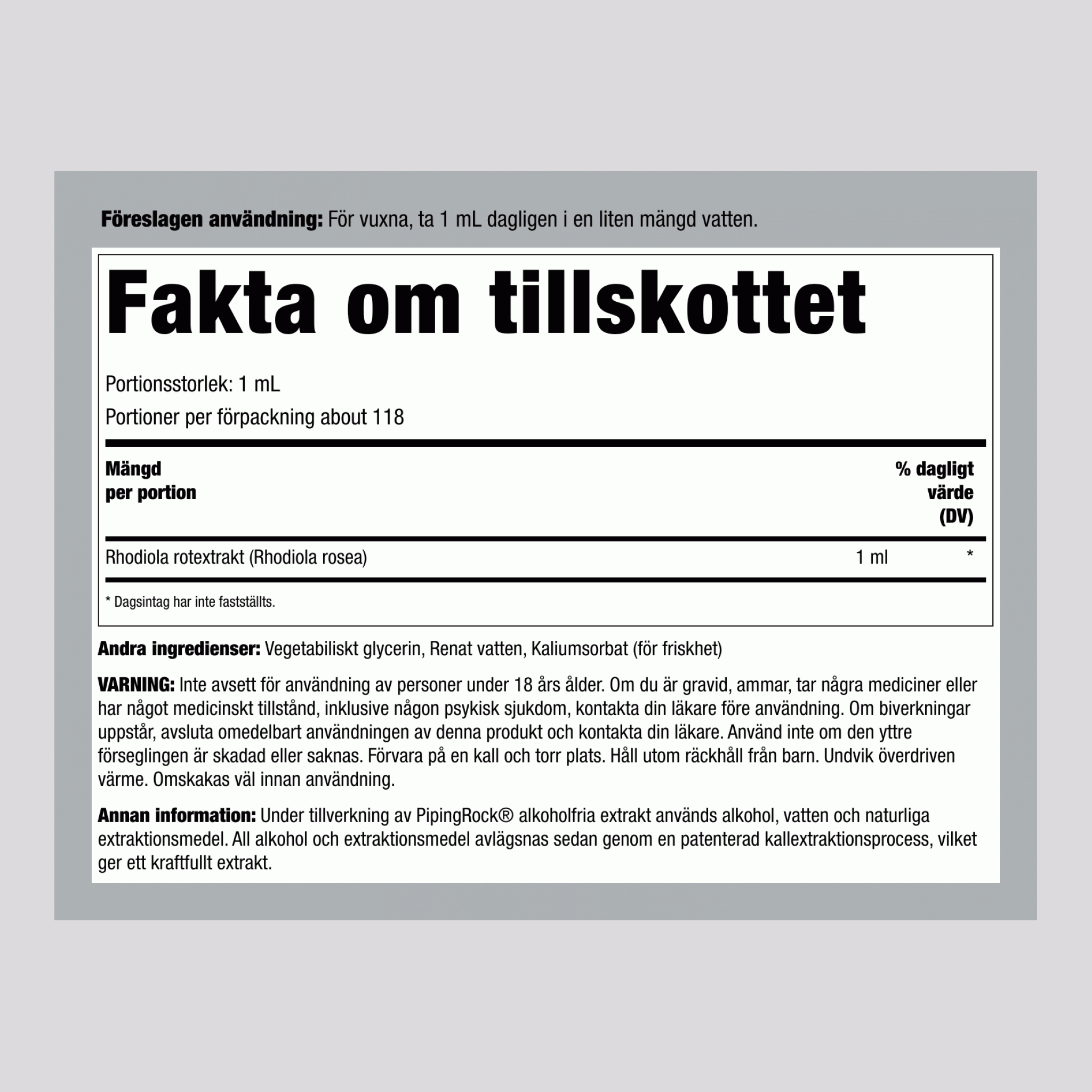 Rhodiola Flytande Extrakt Alkohol Fritt, 118 ml Droppflaska