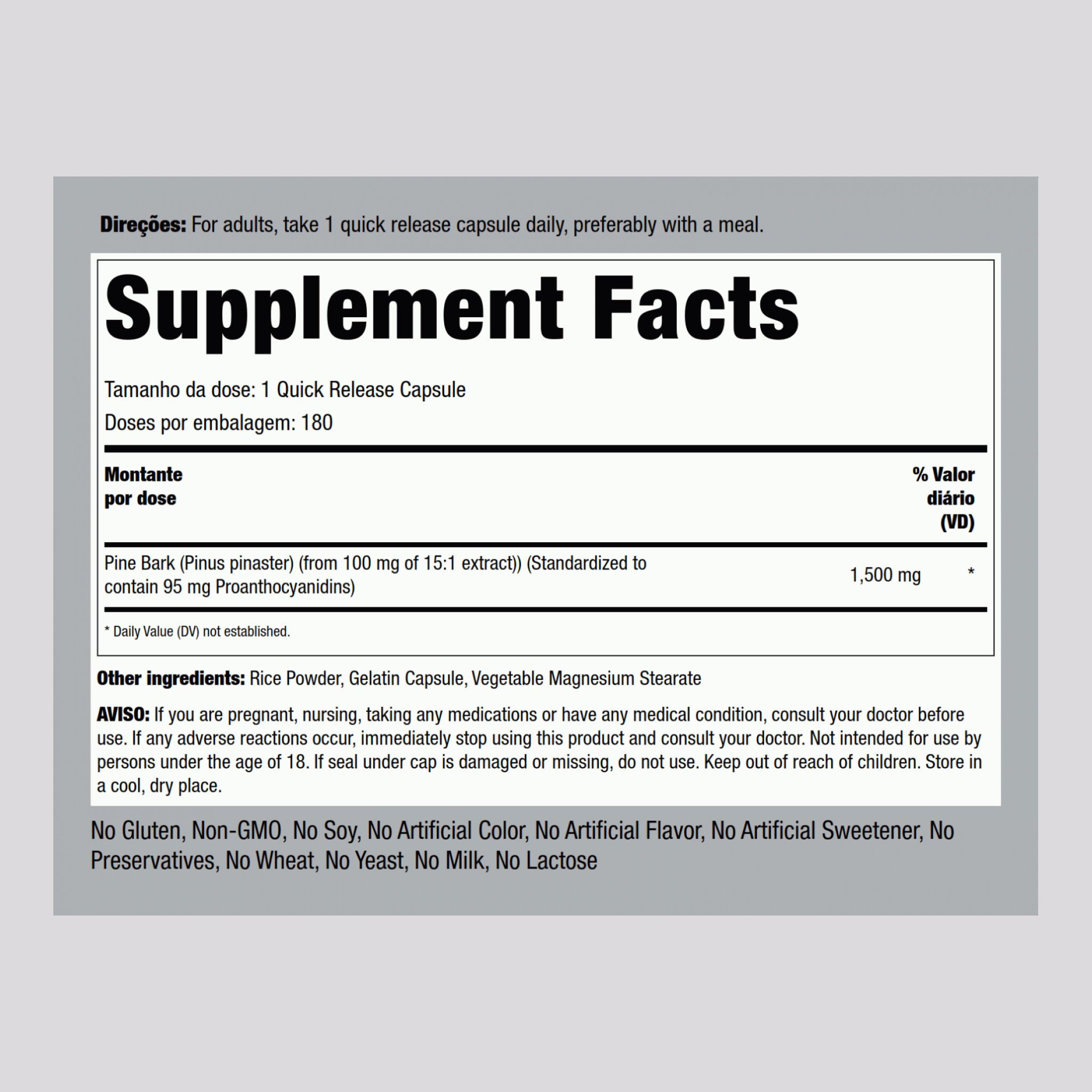 Extrato de casca de pinheiro  1500 mg 180 Cápsulas de Rápida Absorção     