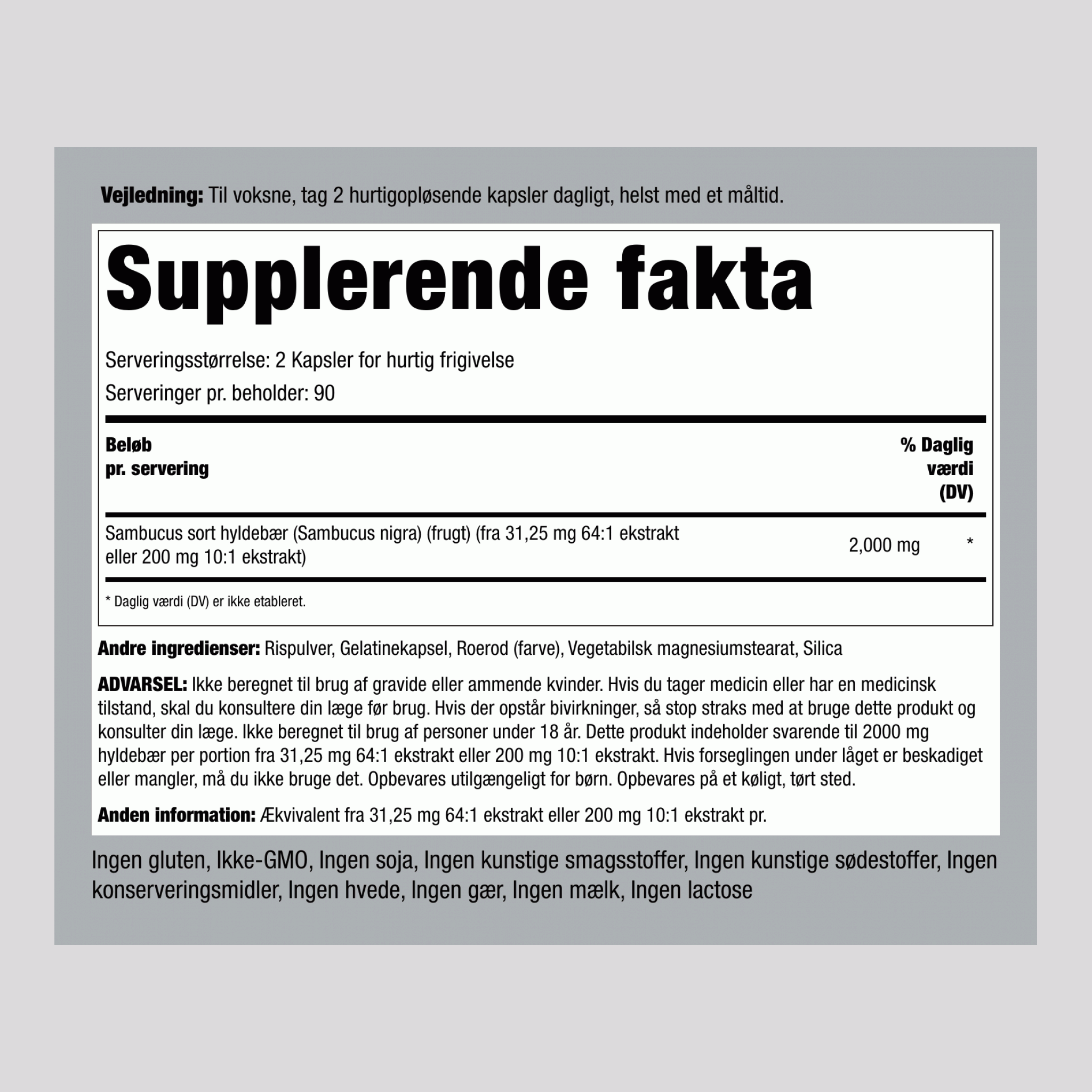 Hyldebær/Sambucus  2000 mg (pr. dosering) 180 Kapsler for hurtig frigivelse     