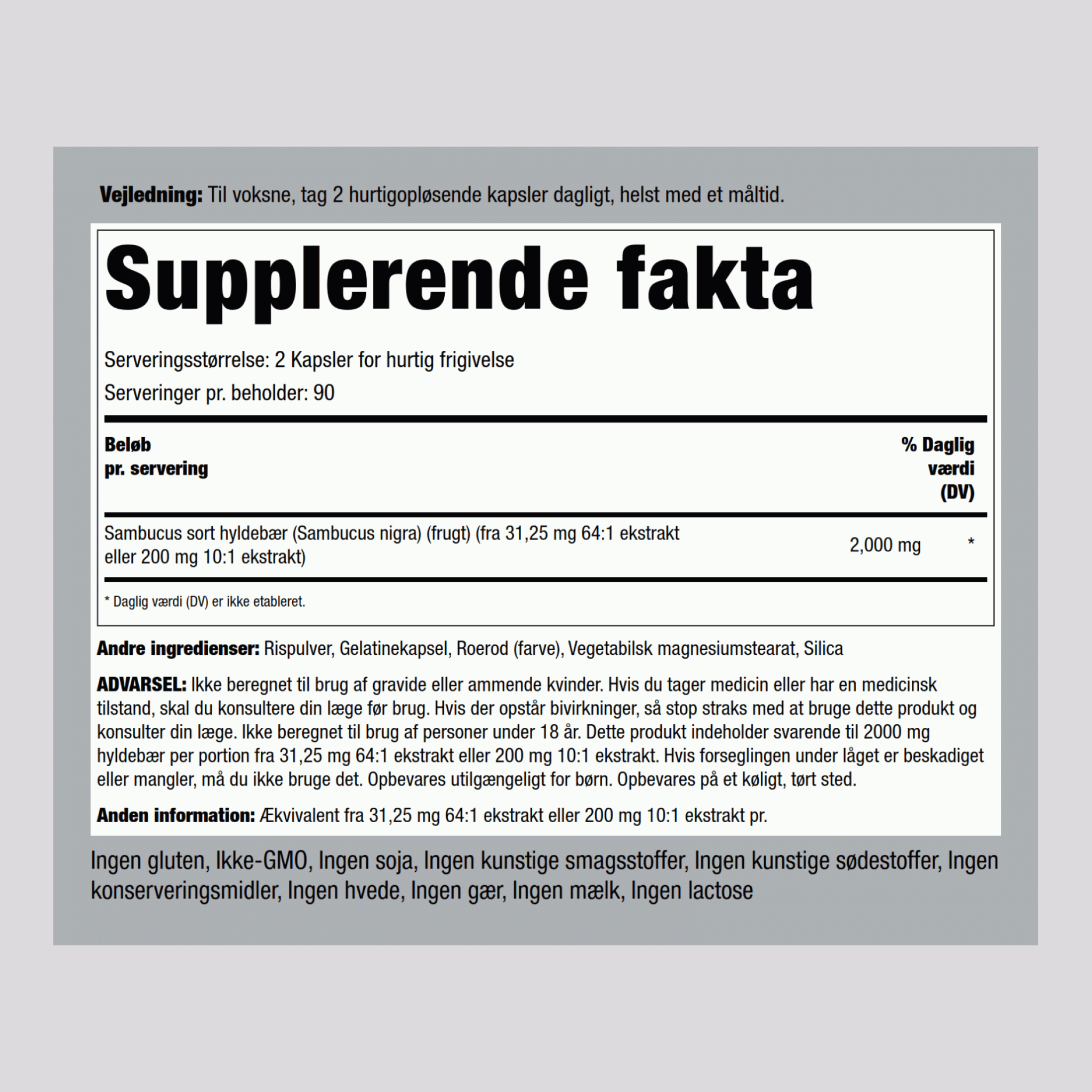 Hyldebær/Sambucus  2000 mg (pr. dosering) 180 Kapsler for hurtig frigivelse     