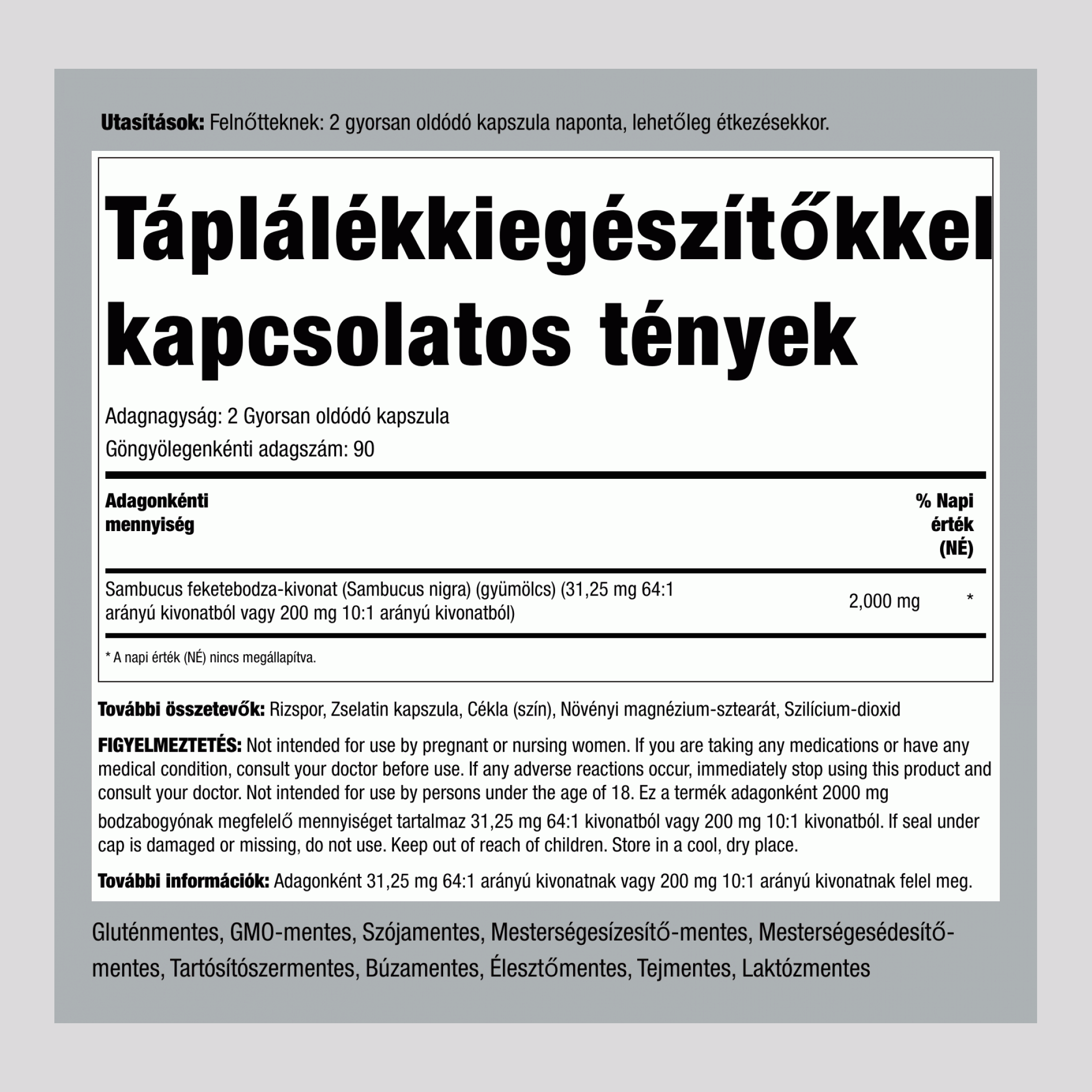 Bodza Sambucus  2000 mg (adagonként) 180 Gyorsan oldódó kapszula     