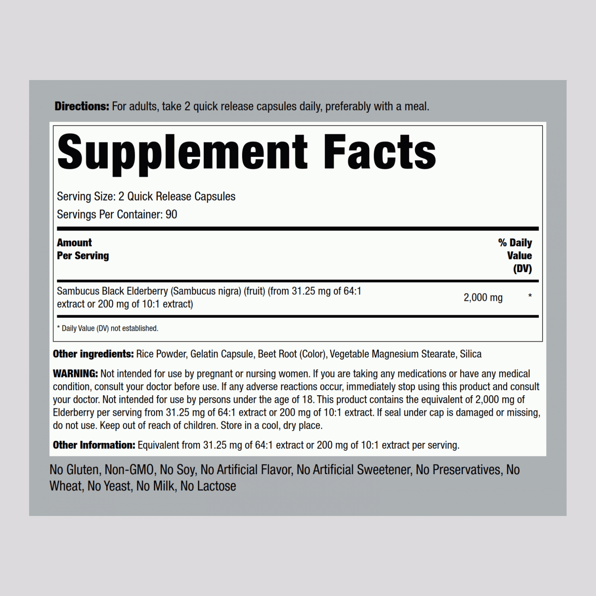 Elderberry Sambucus, 2000 mg (per serving), 180 Quick Release Capsules