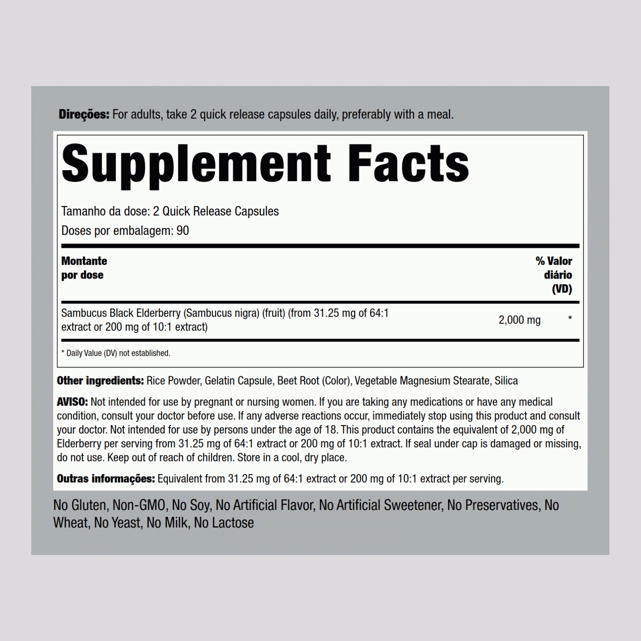 Baga de sabugueiro  2000 mg (por dose) 180 Cápsulas de Rápida Absorção     