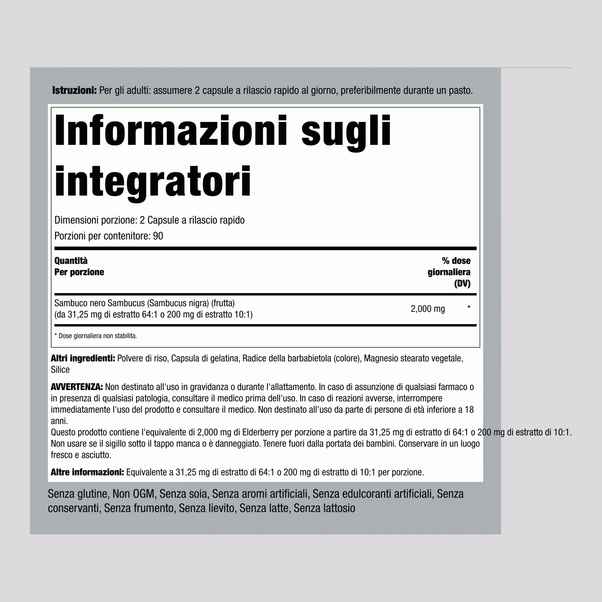 Bacca di sambuco ,  2000 mg (per dose) 180 Capsule a rilascio rapido 2 Bottiglie