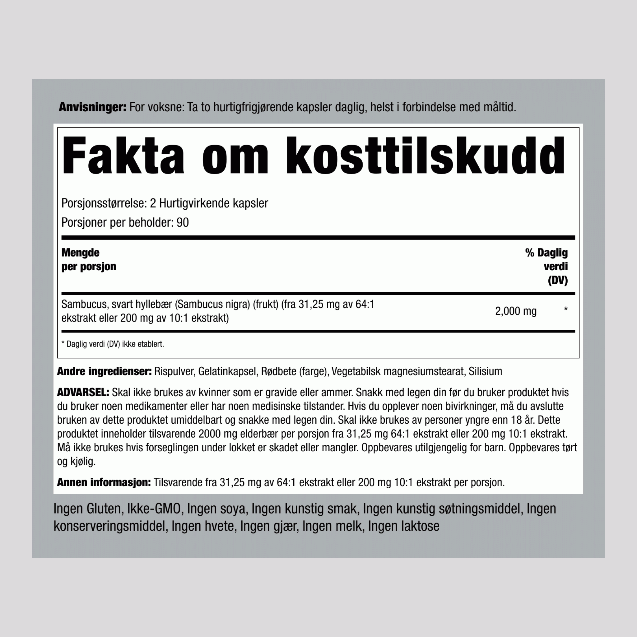 Hyllebær/sambucus ,  2000 mg (per dose) 180 Hurtigvirkende kapsler 2 Flasker