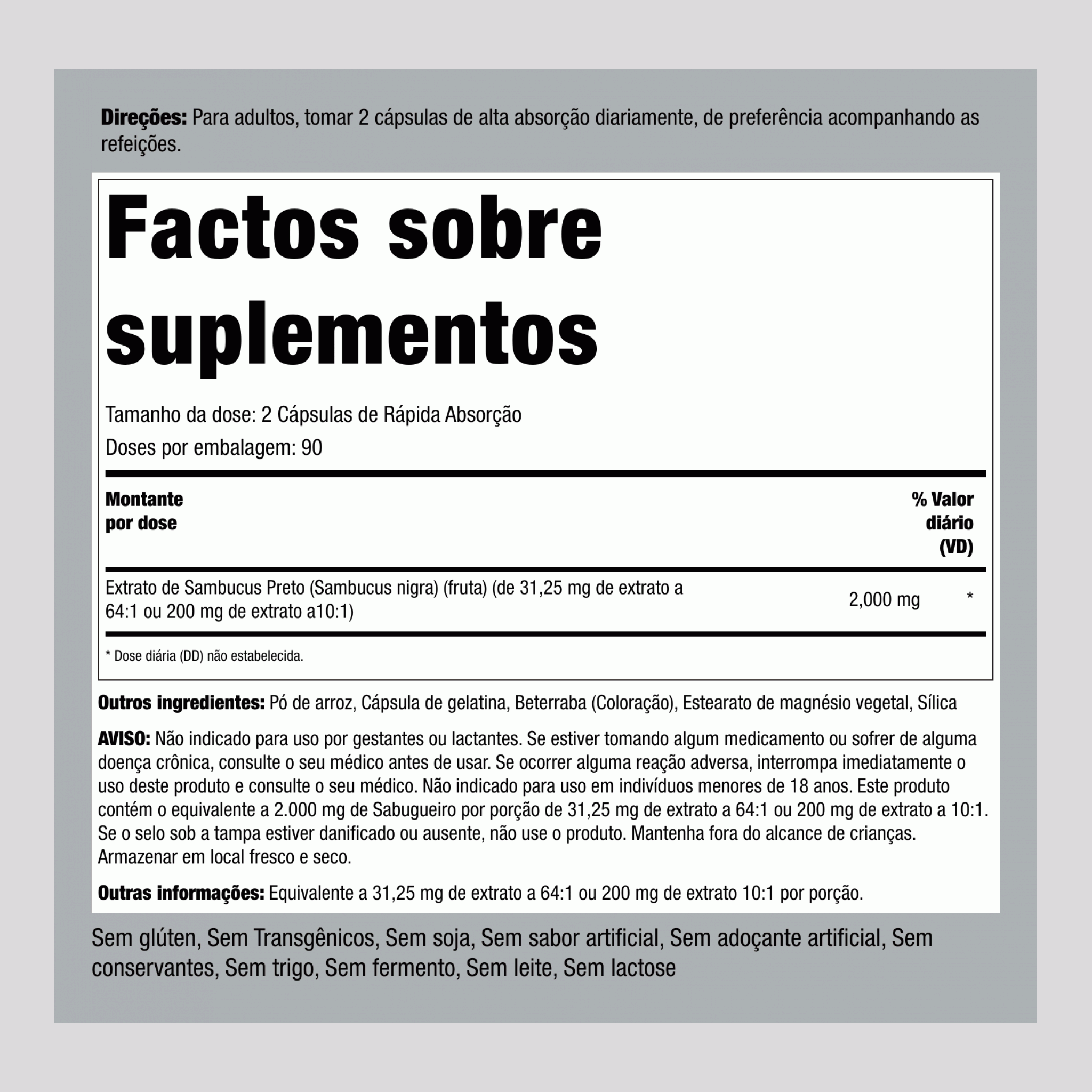 Baga de sabugueiro ,  2000 mg (por dose) 180 Cápsulas de Rápida Absorção 2 Frascos