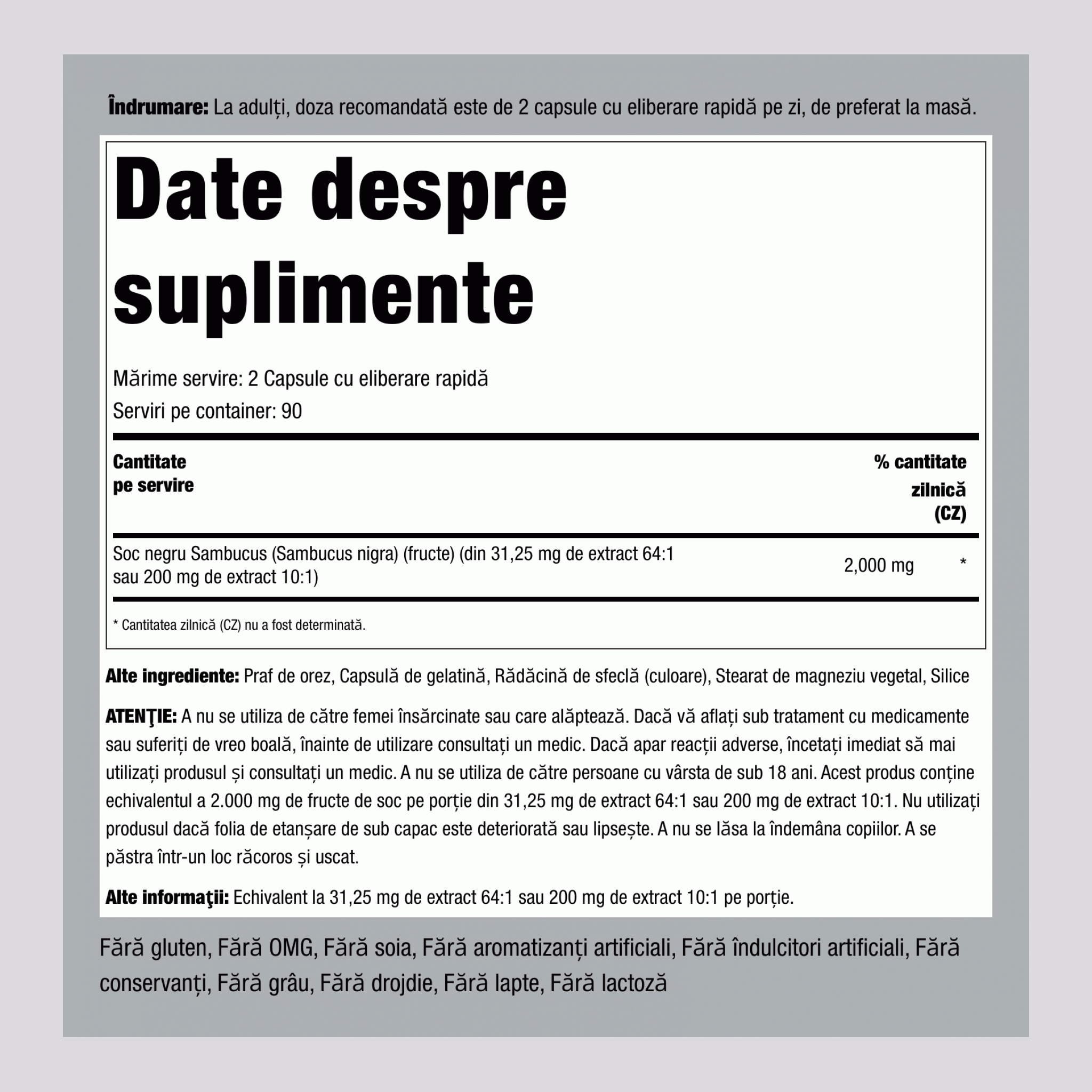 Soc Sambucus ,  2000 mg (per porție) 180 Capsule cu eliberare rapidă 2 Sticle