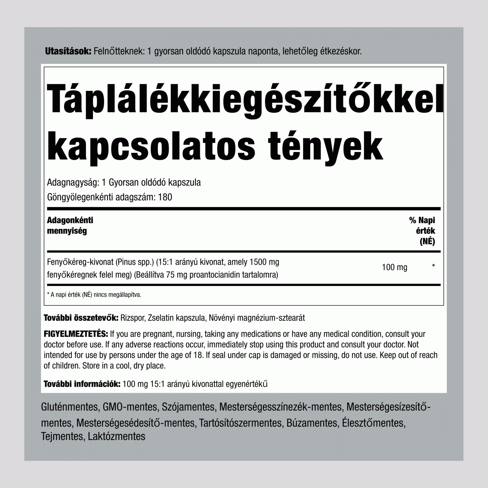 Fenyőkéreg-kivonat ,  1500 mg 180 Gyorsan oldódó kapszula 2 Palackok