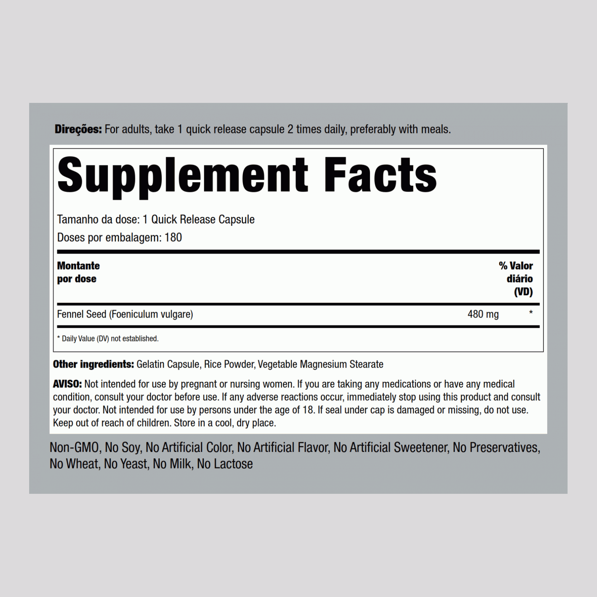 Sementes de funcho  480 mg 180 Cápsulas de Rápida Absorção     