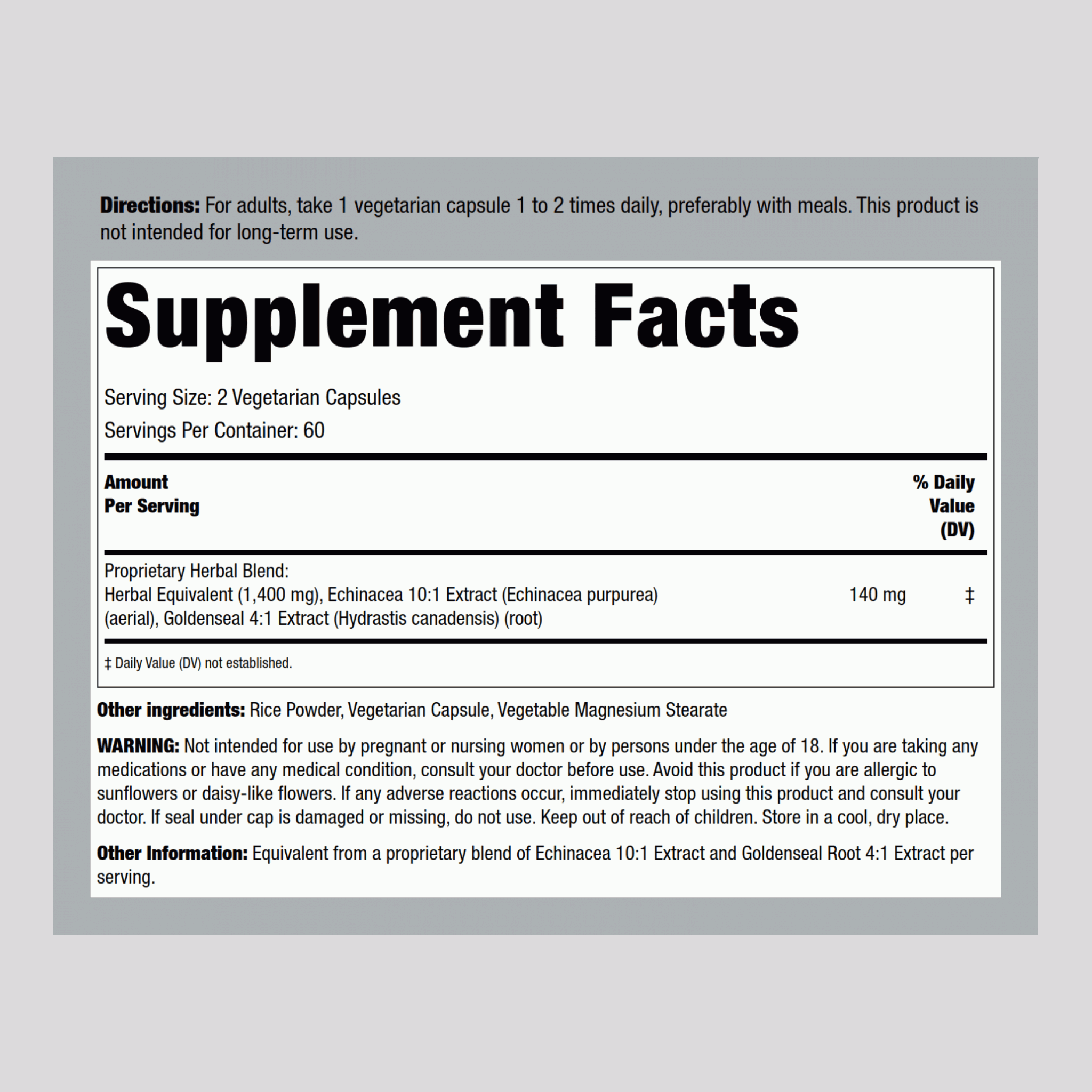 Echinacea Goldenseal, 1400 mg (per serving), 120 Vegetarian Capsules
