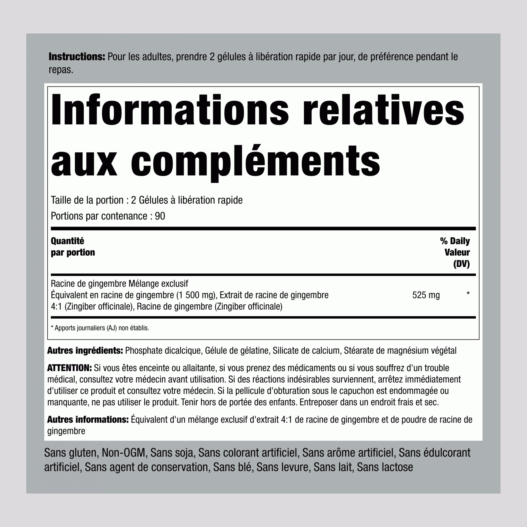 Racine de gingembre 1500 mg (par portion) 180 Gélules à libération rapide 