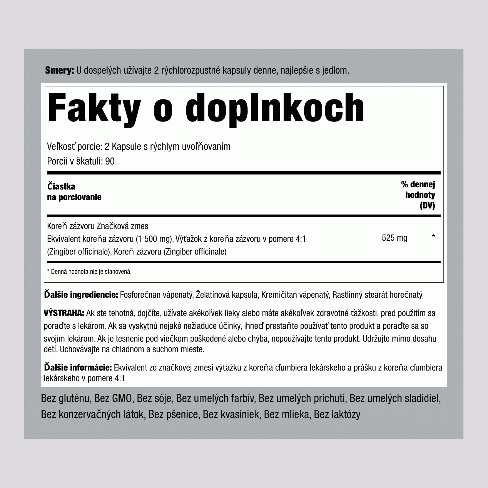 Koreň zázvoru  1500 mg (v jednej dávke) 180 Kapsule s rýchlym uvoľňovaním 