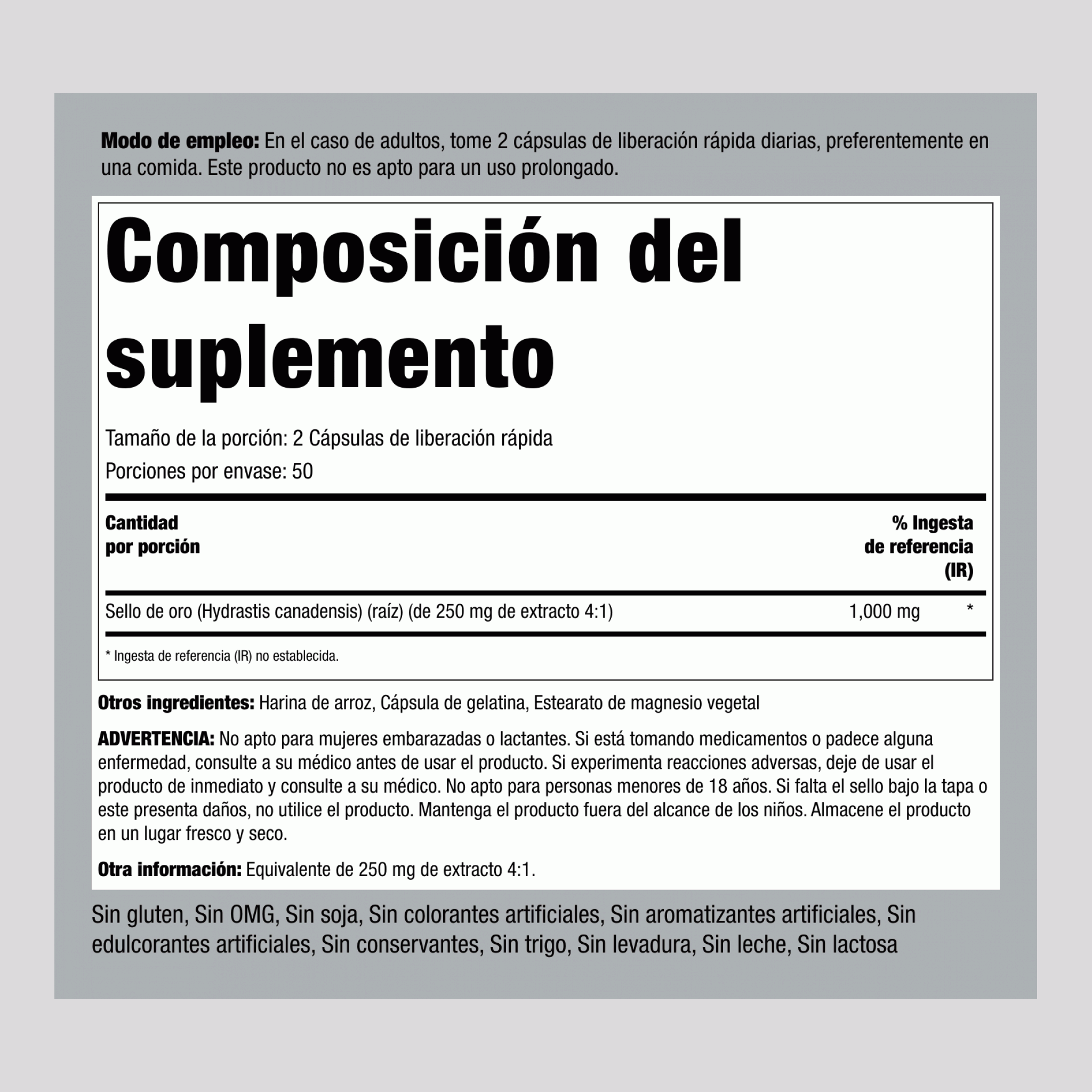 Raíz de sello de oro  1000 mg (por porción) 100 Cápsulas de liberación rápida     
