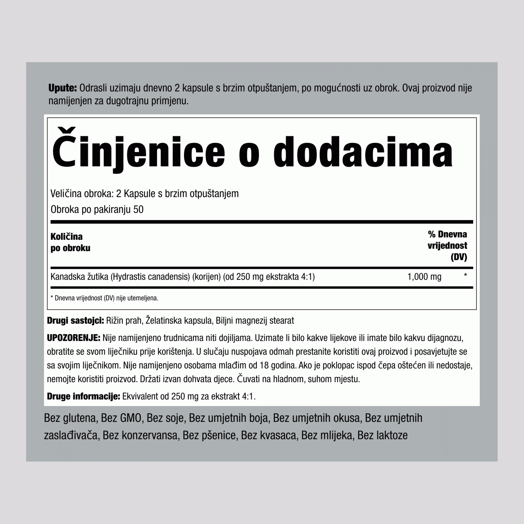 Korijen ehinaceje Goldenseal  1000 mg (po obroku) 100 Kapsule s brzim otpuštanjem     