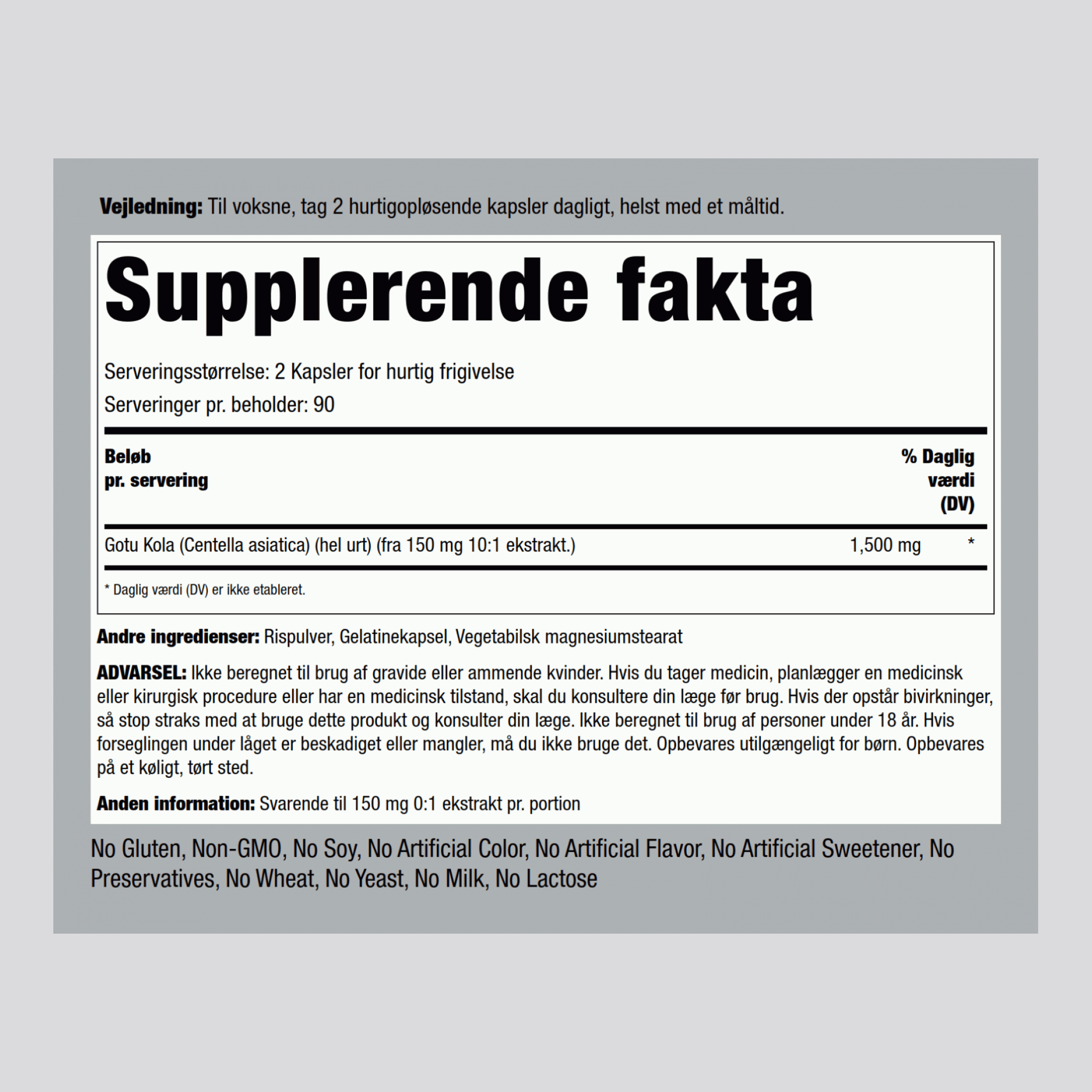Gotu Kola  1500 mg (pr. dosering) 180 Kapsler for hurtig frigivelse     
