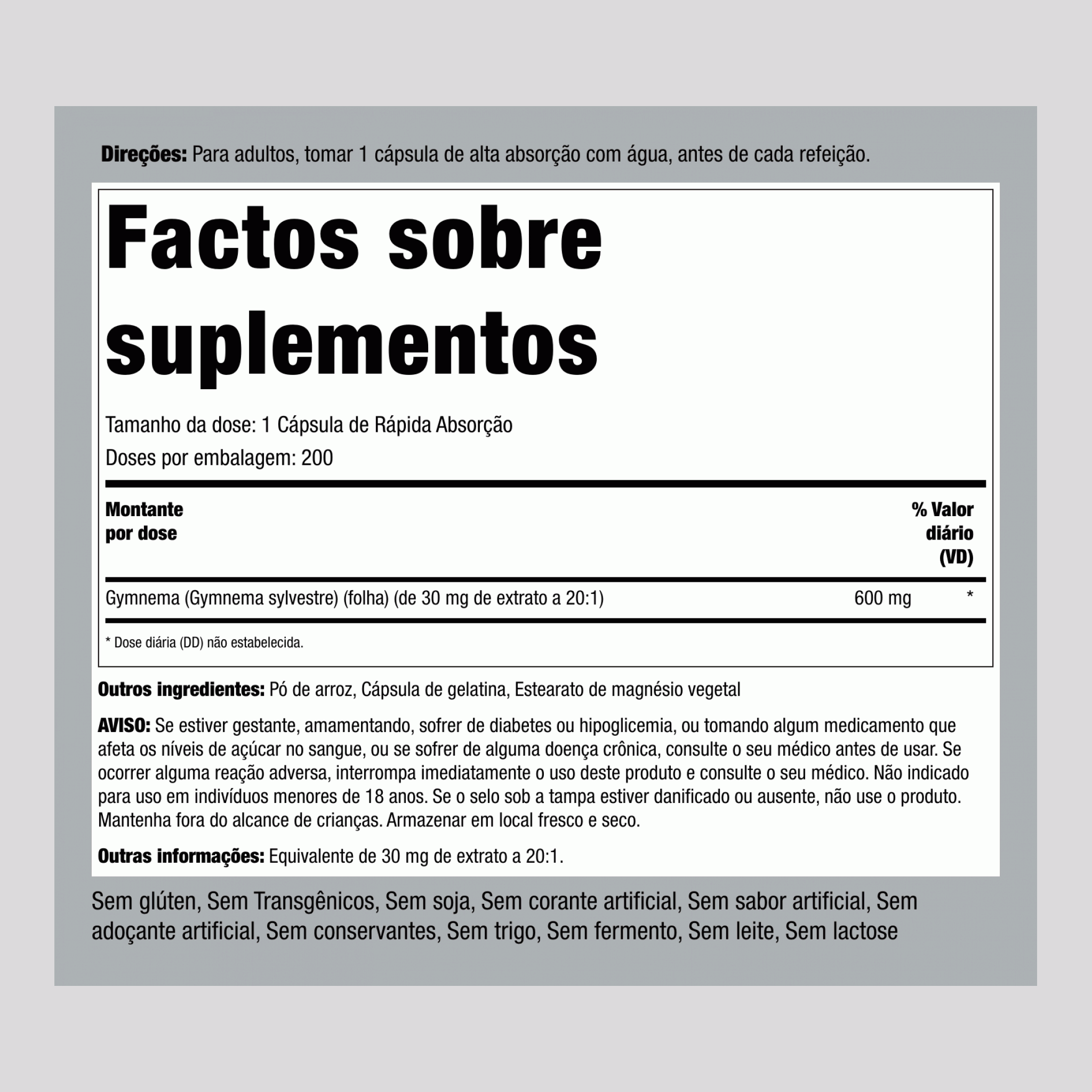 Gymnema silvestre  600 mg 200 Cápsulas de Rápida Absorção     