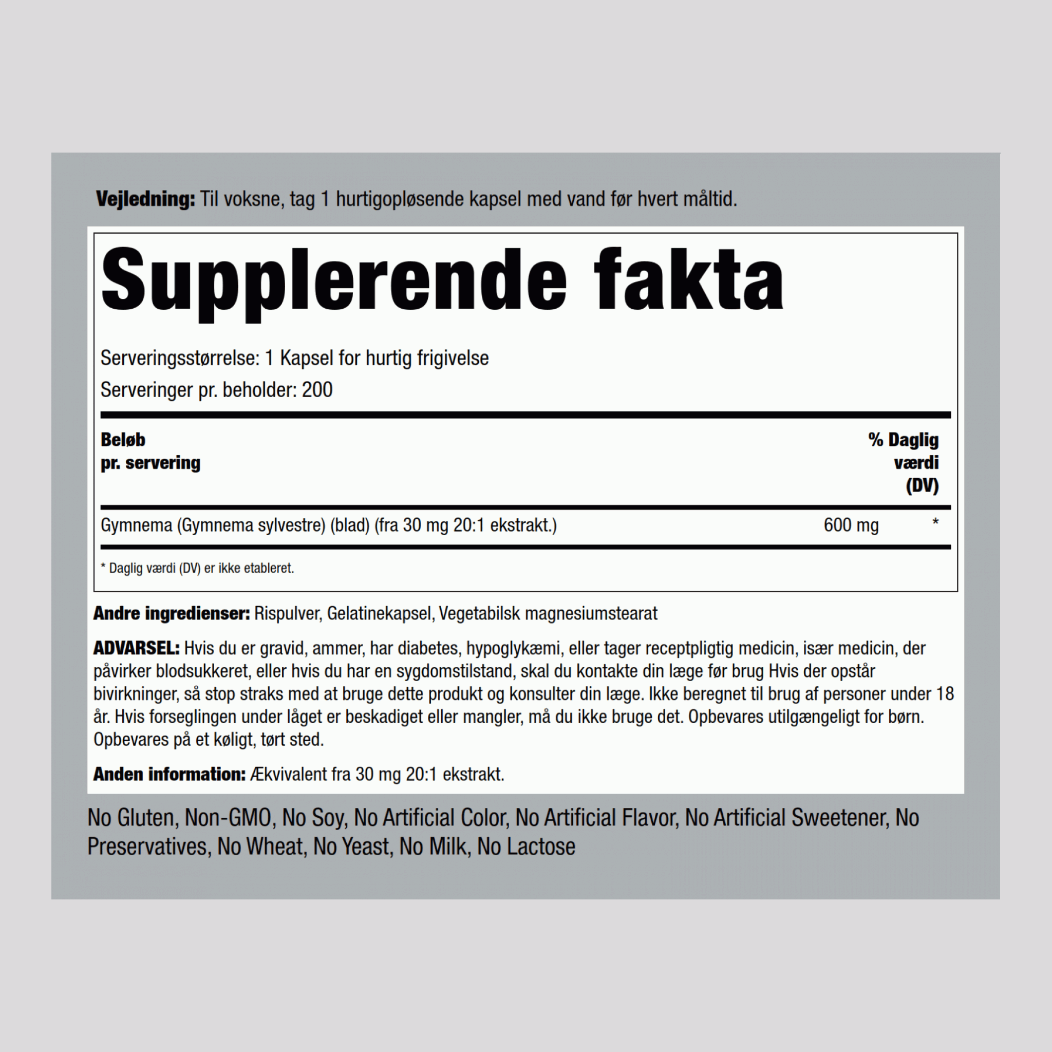 Gymnema sylvestre  600 mg 200 Kapsler for hurtig frigivelse     