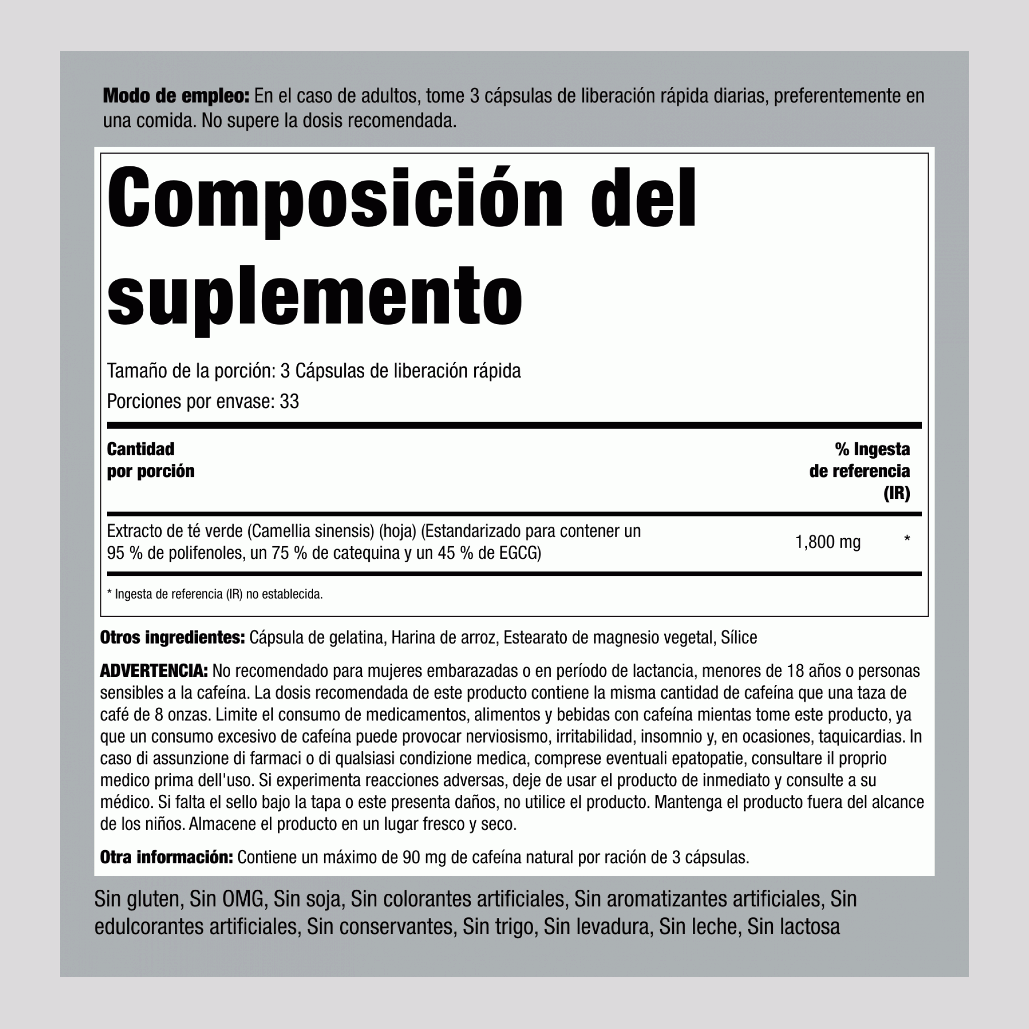 Extracto de té verde EGCG - Extracto estandarizado 1800 mg (por porción) 100 Cápsulas de liberación rápida     