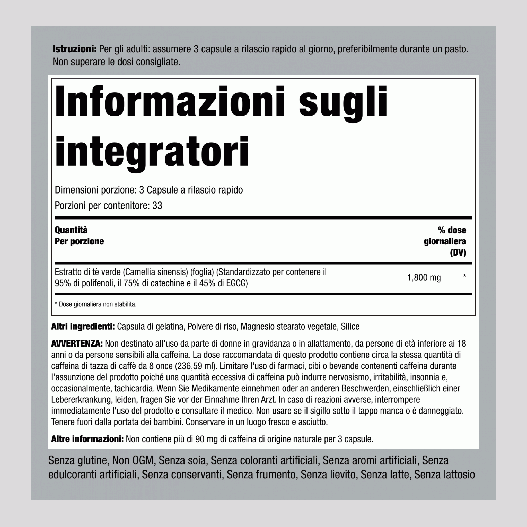Tè verde EGCG estratto standard 1800 mg (per dose) 100 Capsule a rilascio rapido     