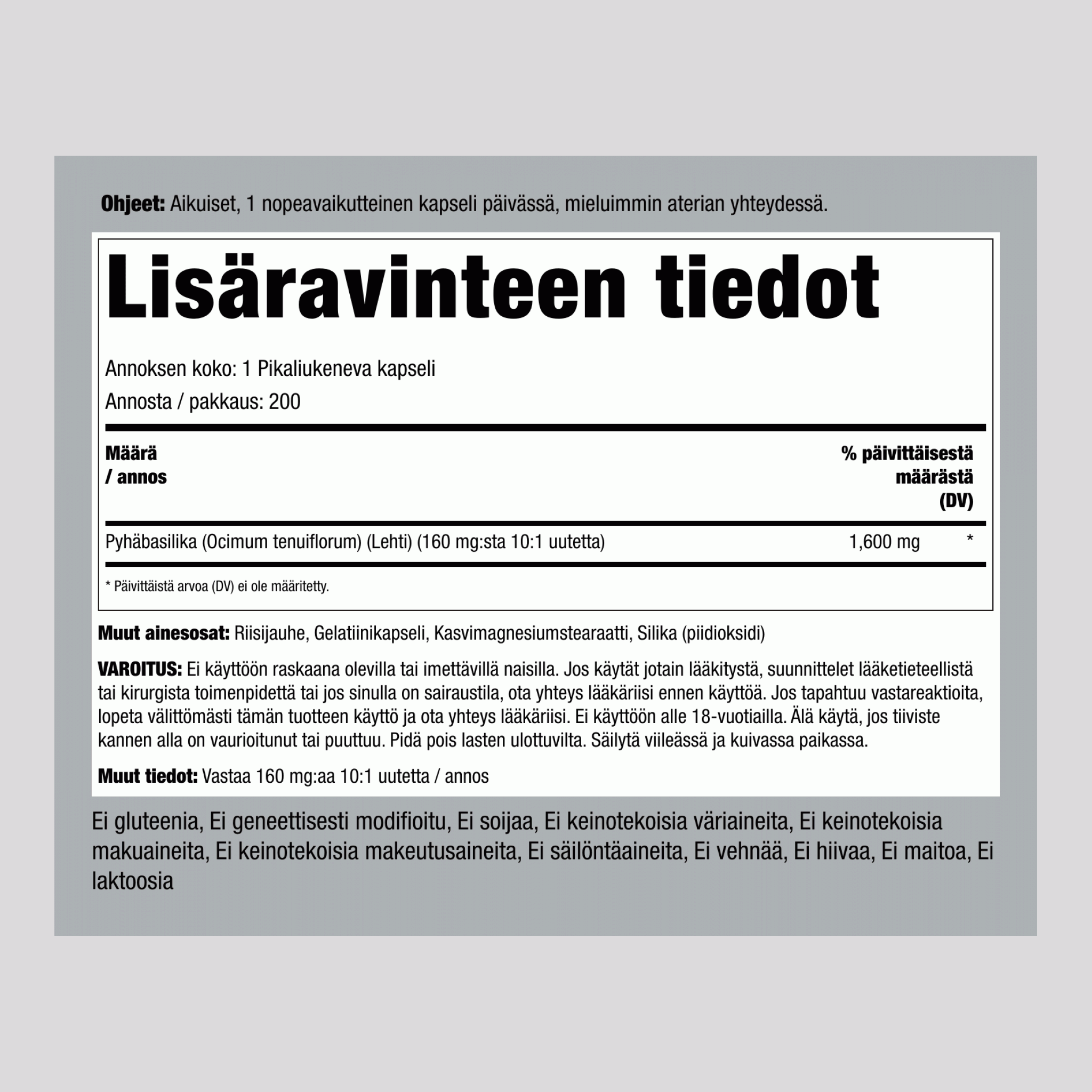Pyhäbasilika (tulsi),  1600 mg 200 Pikaliukenevat kapselit 2 Pulloa