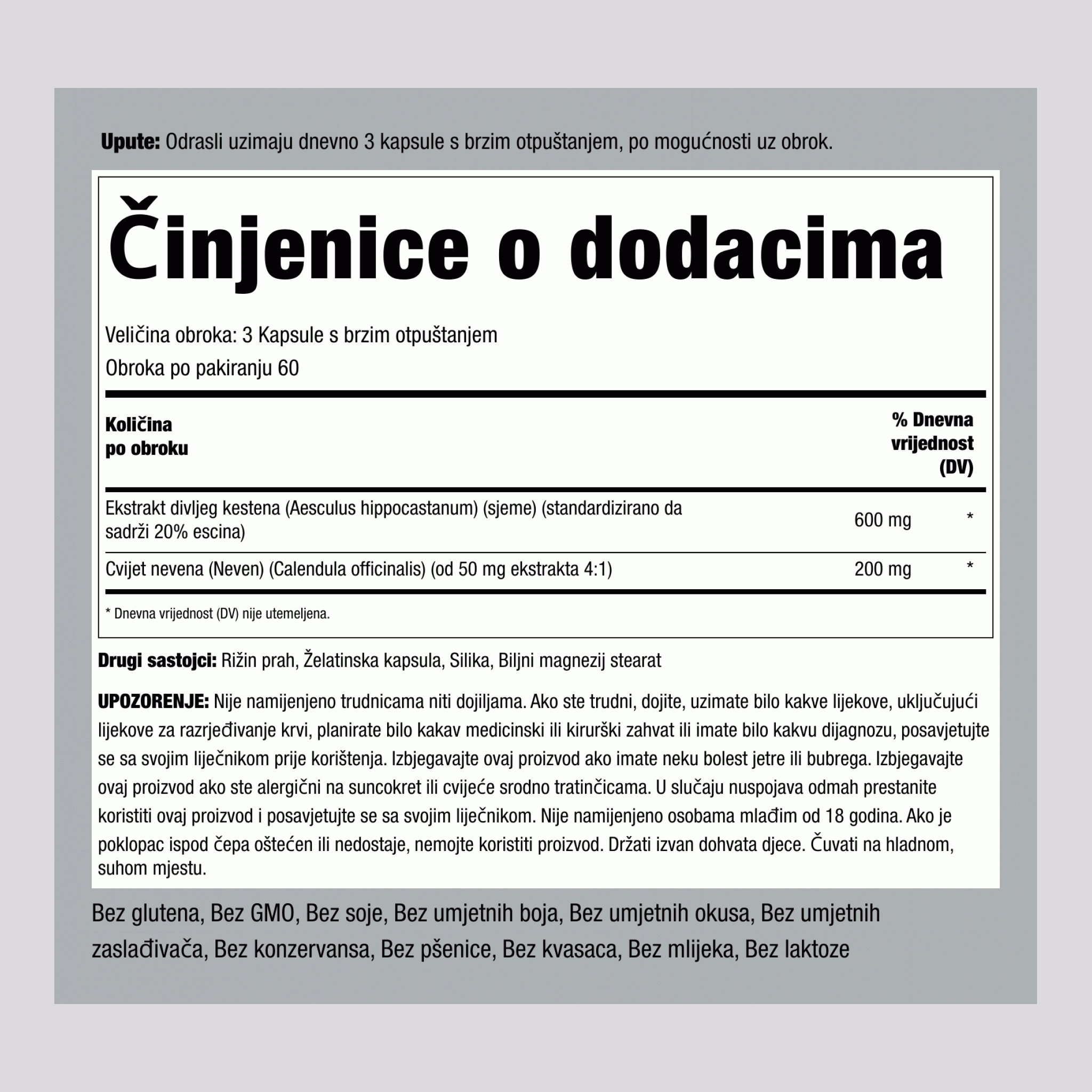 Divlji kesten (standardizirani ekstrakt) 600 mg (po obroku) 180 Kapsule s brzim otpuštanjem     