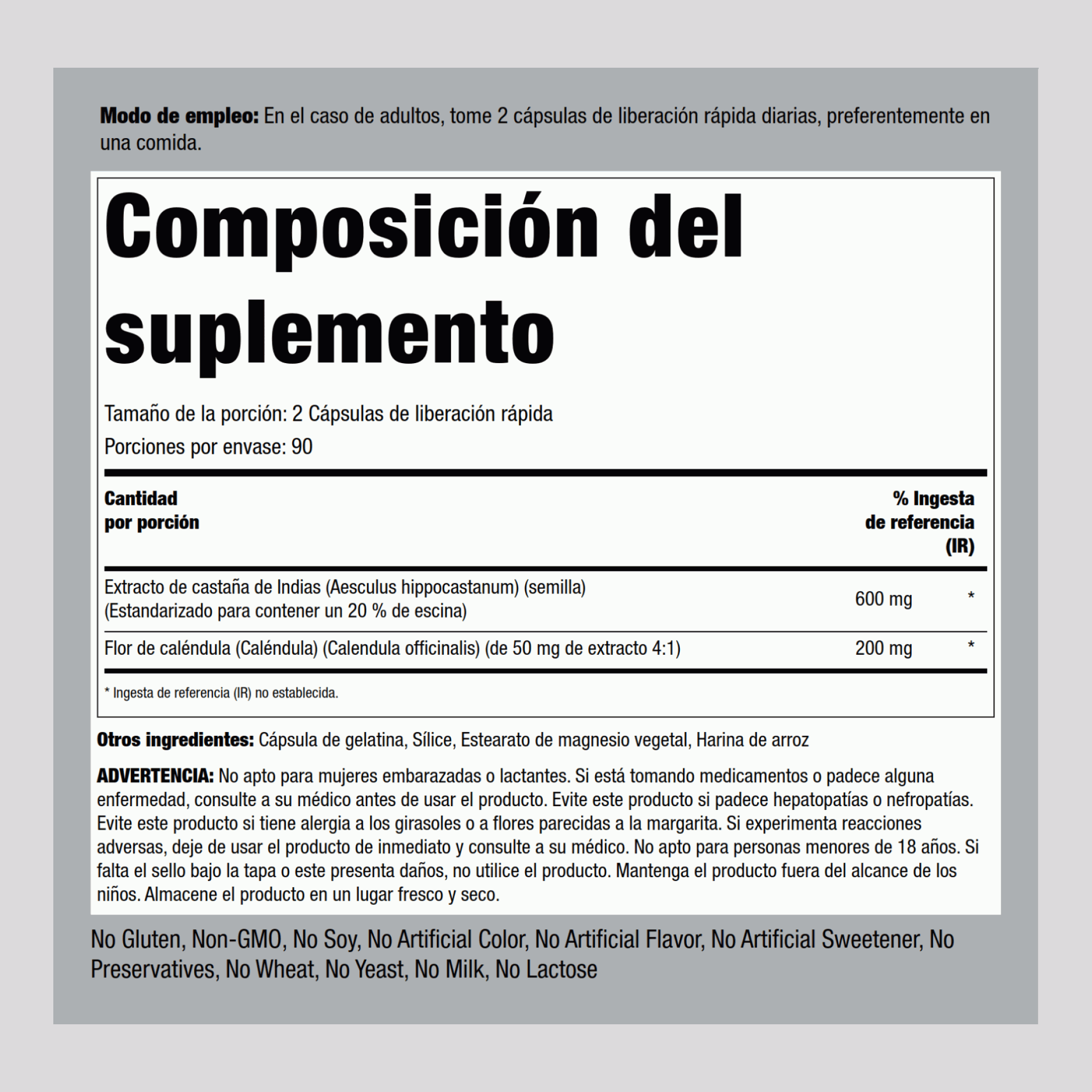 Castaño de indias (extracto estandarizado) 600 mg (por porción) 180 Cápsulas de liberación rápida     