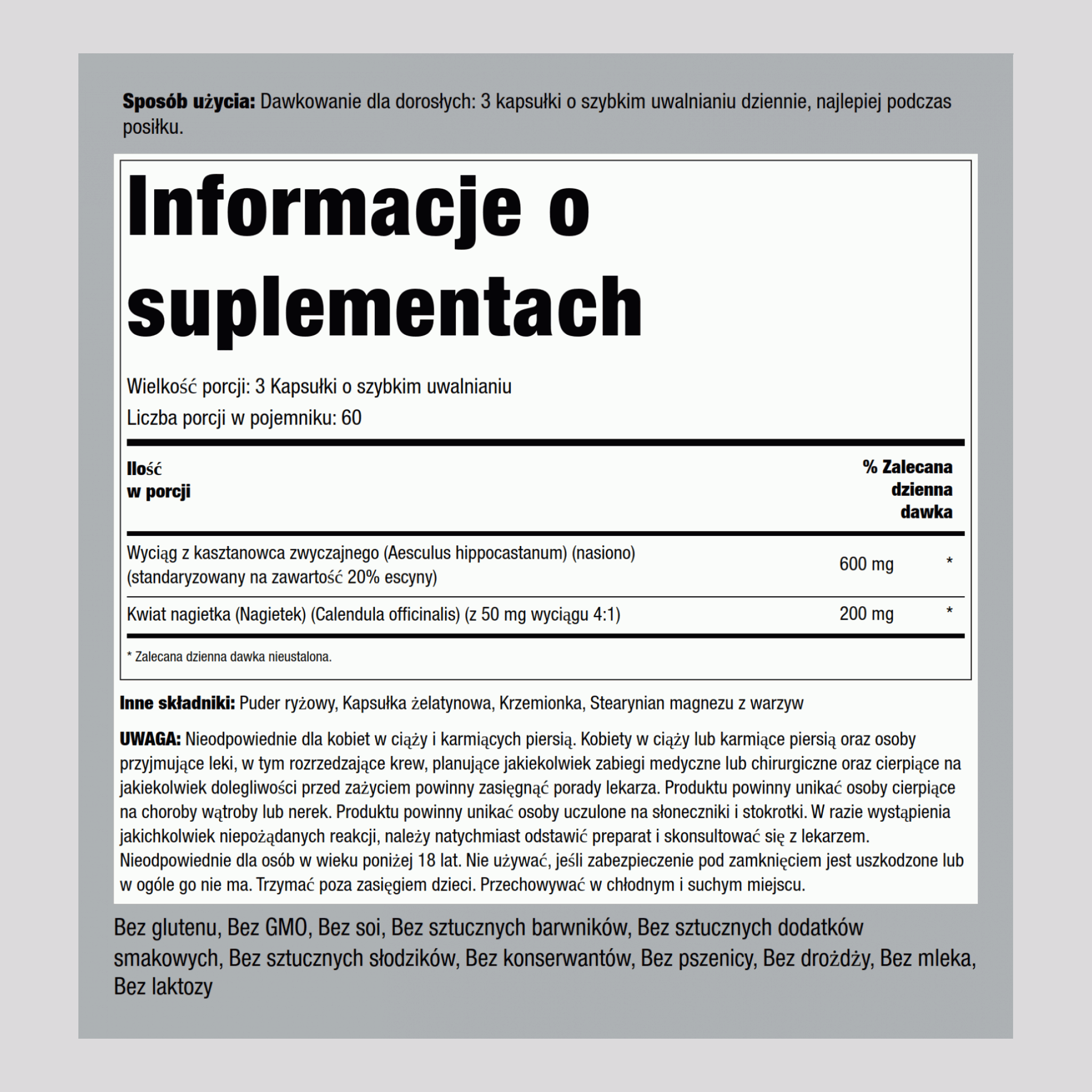 Kasztanowiec zwyczajny (ekstrakt standaryzowany) 600 mg (na porcję) 180 Kapsułki o szybkim uwalnianiu     