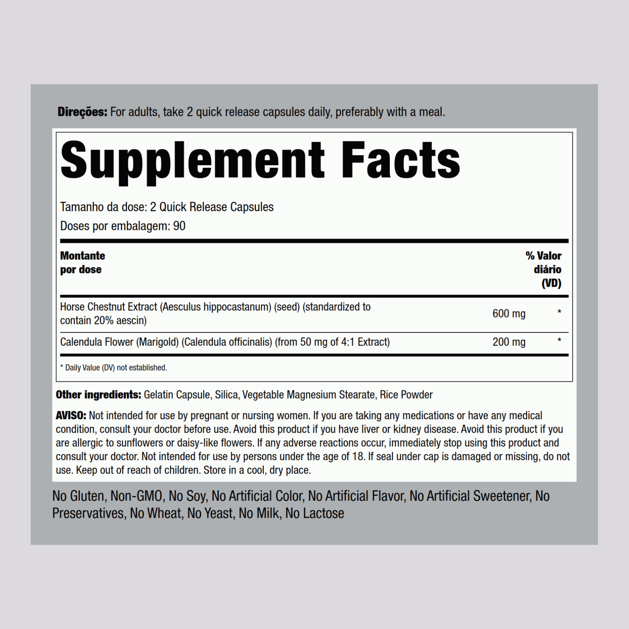 Castanha da Índia (extrato normalizado) 600 mg (por dose) 180 Cápsulas de Rápida Absorção     
