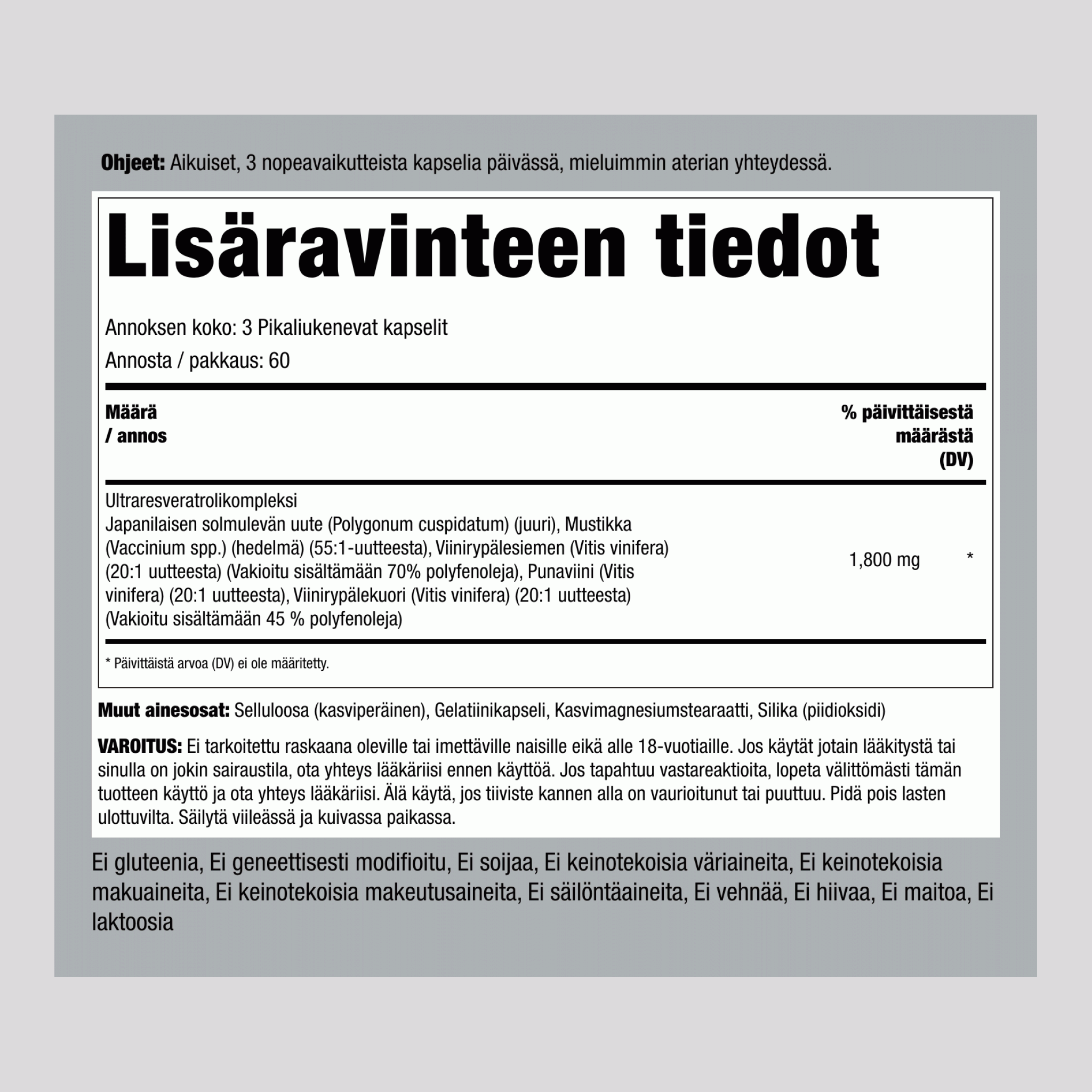 Resveratrol-kompleksi, 1800 mg (annosta kohti), 180 nopeasti vapautuvaa kapselia