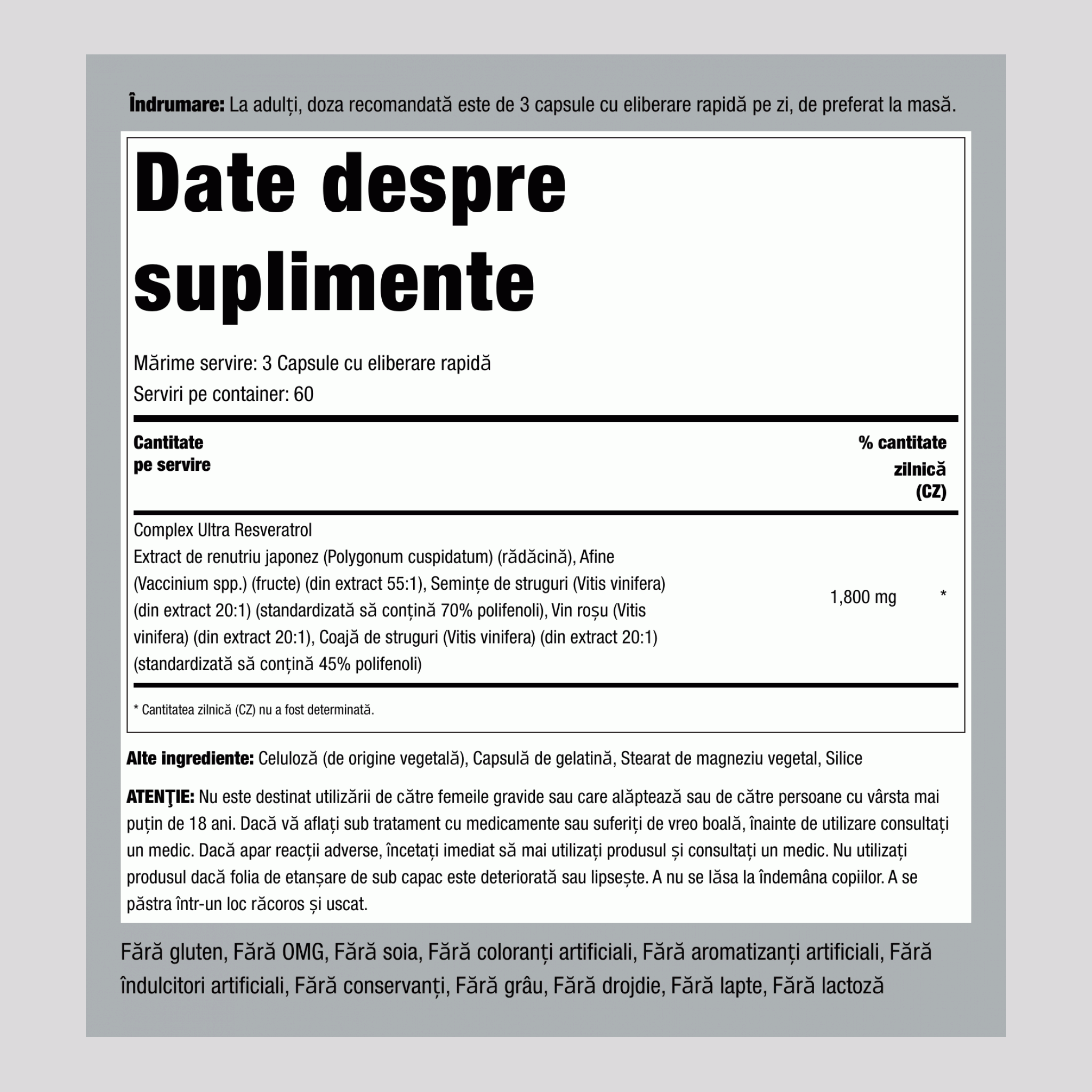 Complex Resveratrol, 1800 mg (per porție), 180 Capsule cu Eliberare Rapidă