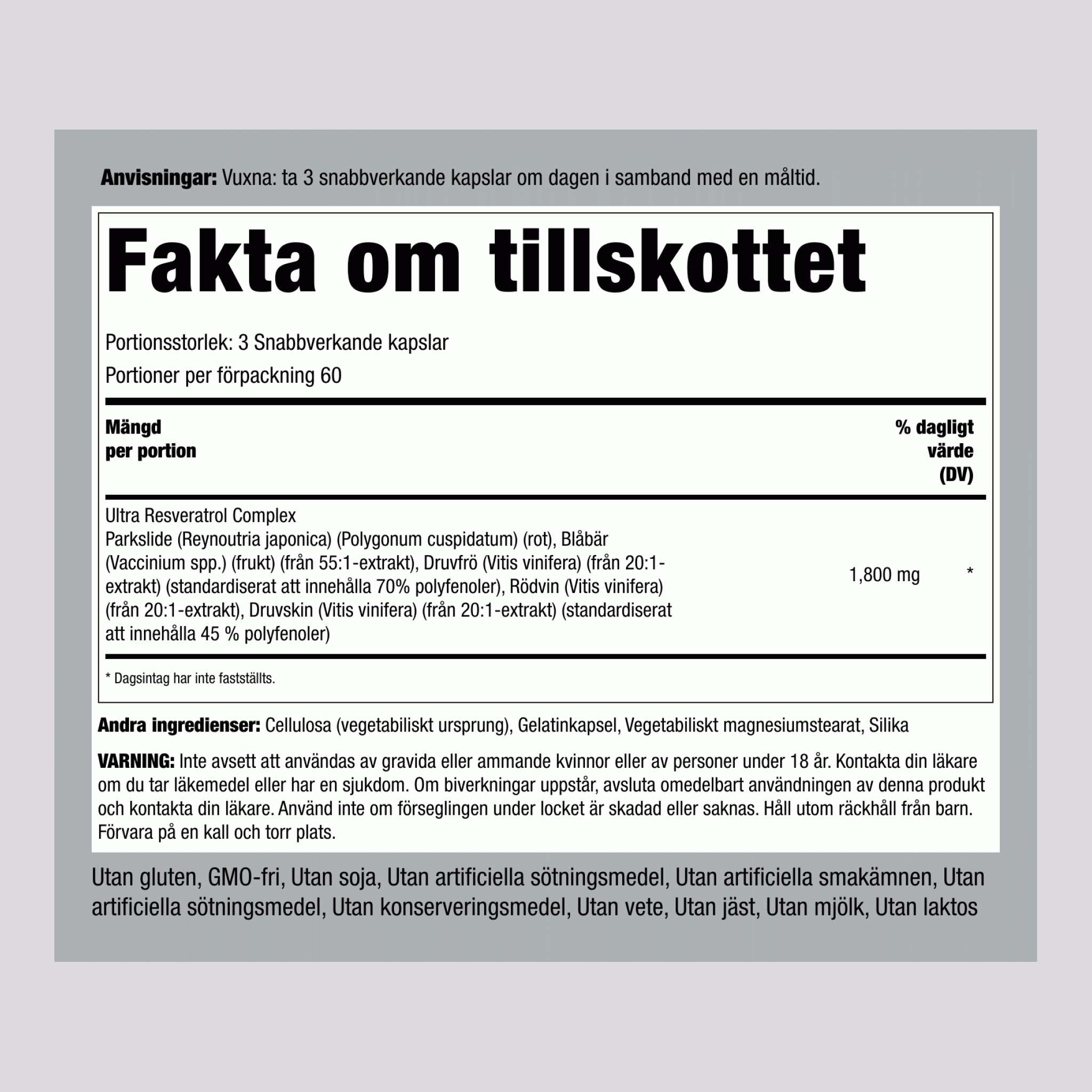 Resveratrolkomplex, 1800 mg (per portion), 180 kapslar med snabb frisättning