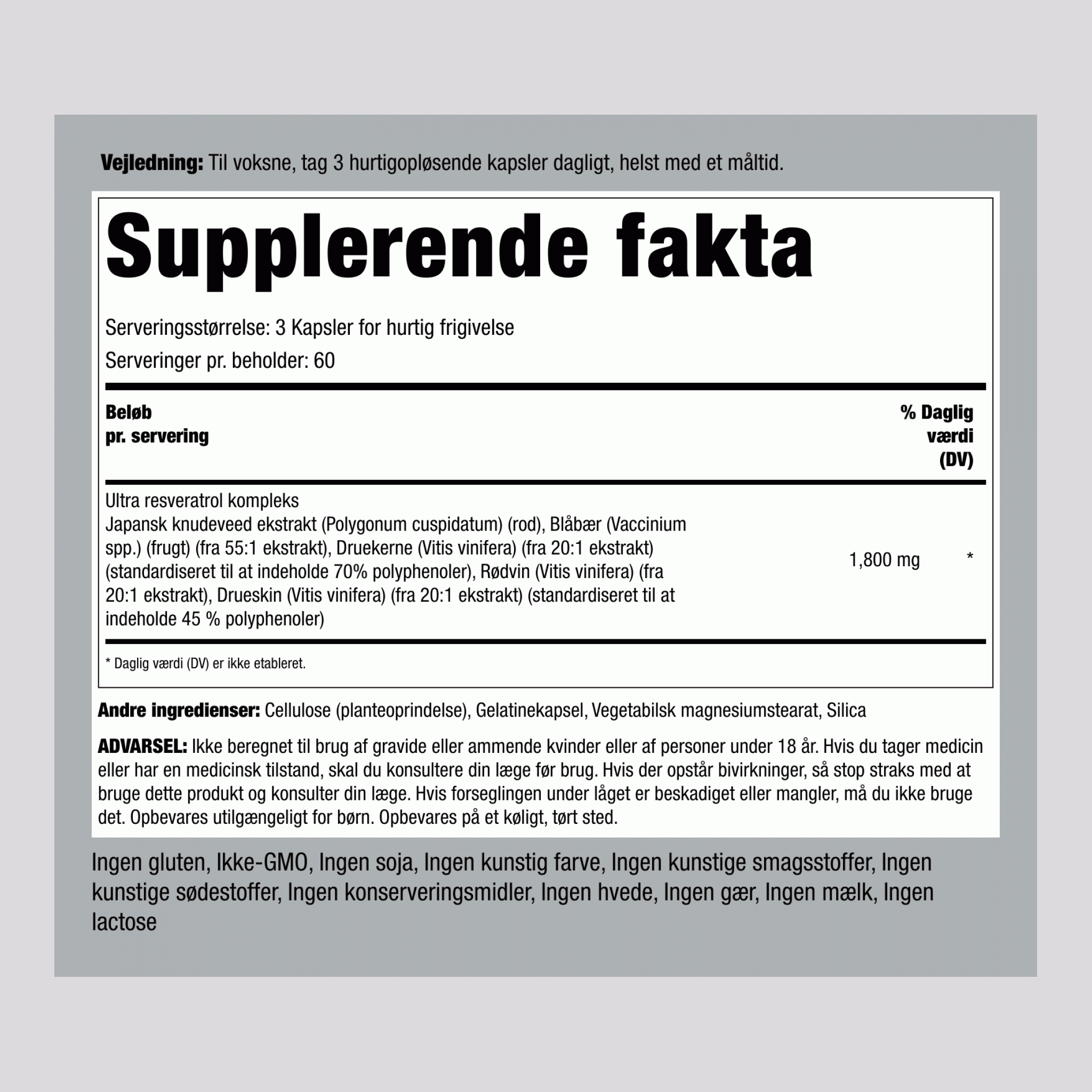 Resveratrolkompleks, 1800 mg (pr. portion), 180 hurtigfrigivelseskapsler, 2 flasker