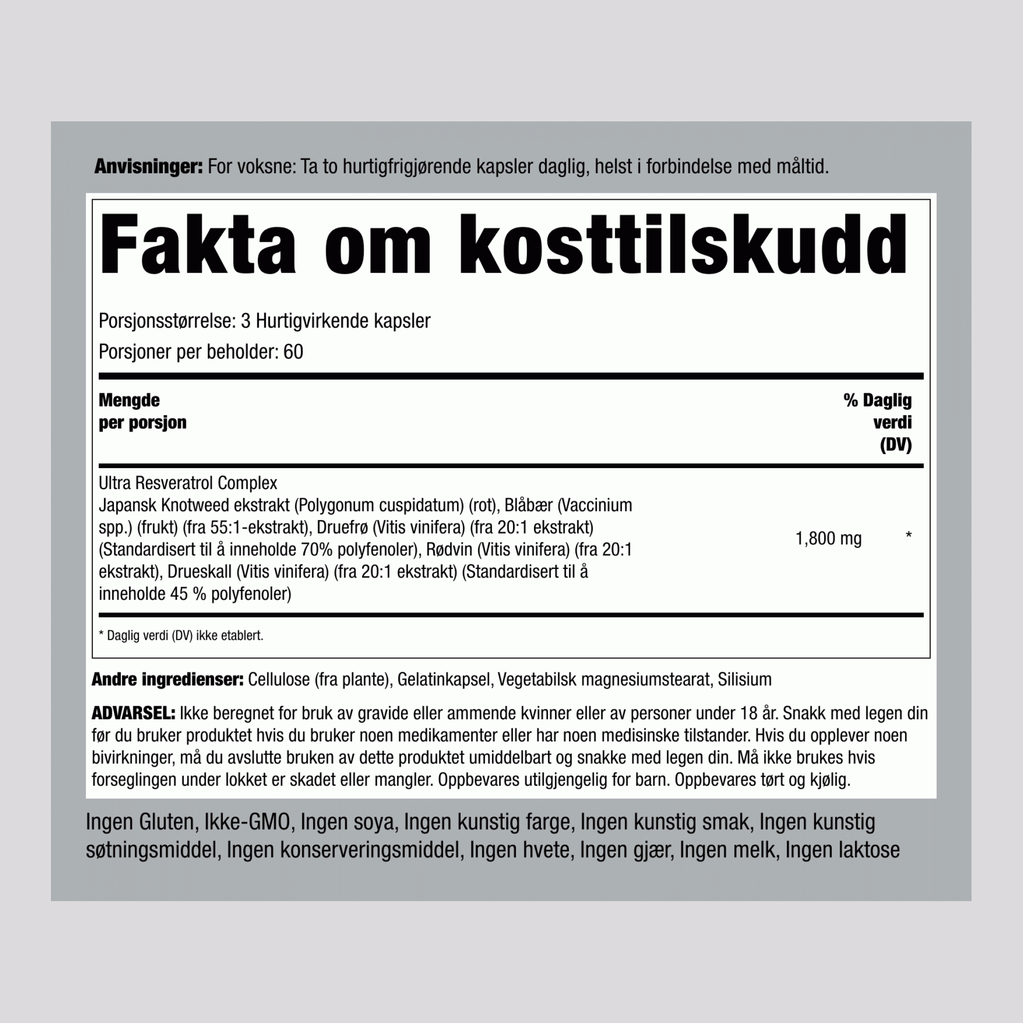 Resveratrol Komplekset, 1800 mg (per porsjon), 180 Hurtigutløsende Kapsler, 2 Flasker