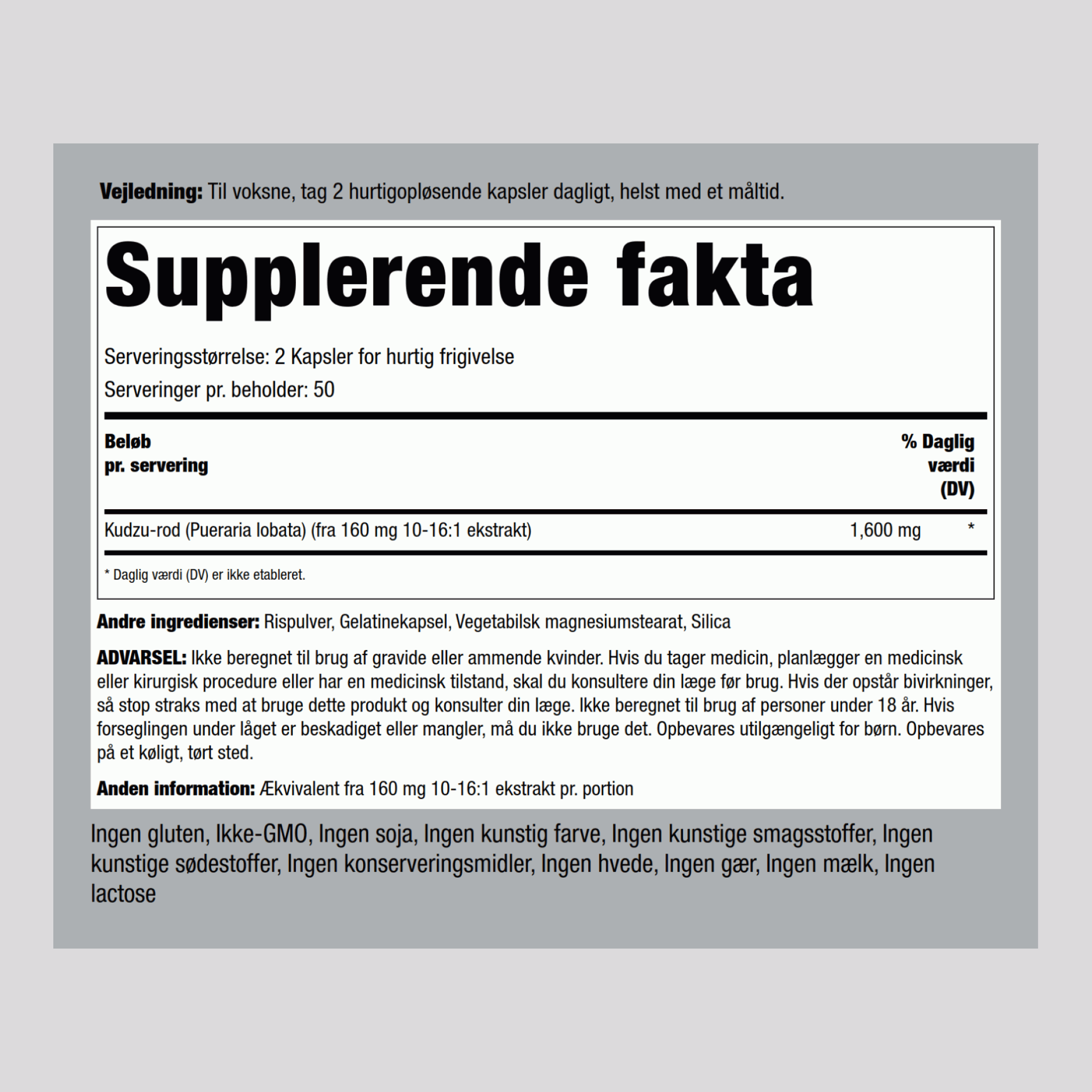 Racine de Kudzu ,  1600 mg (par portion) 100 Gélules à libération rapide 2 Bouteilles