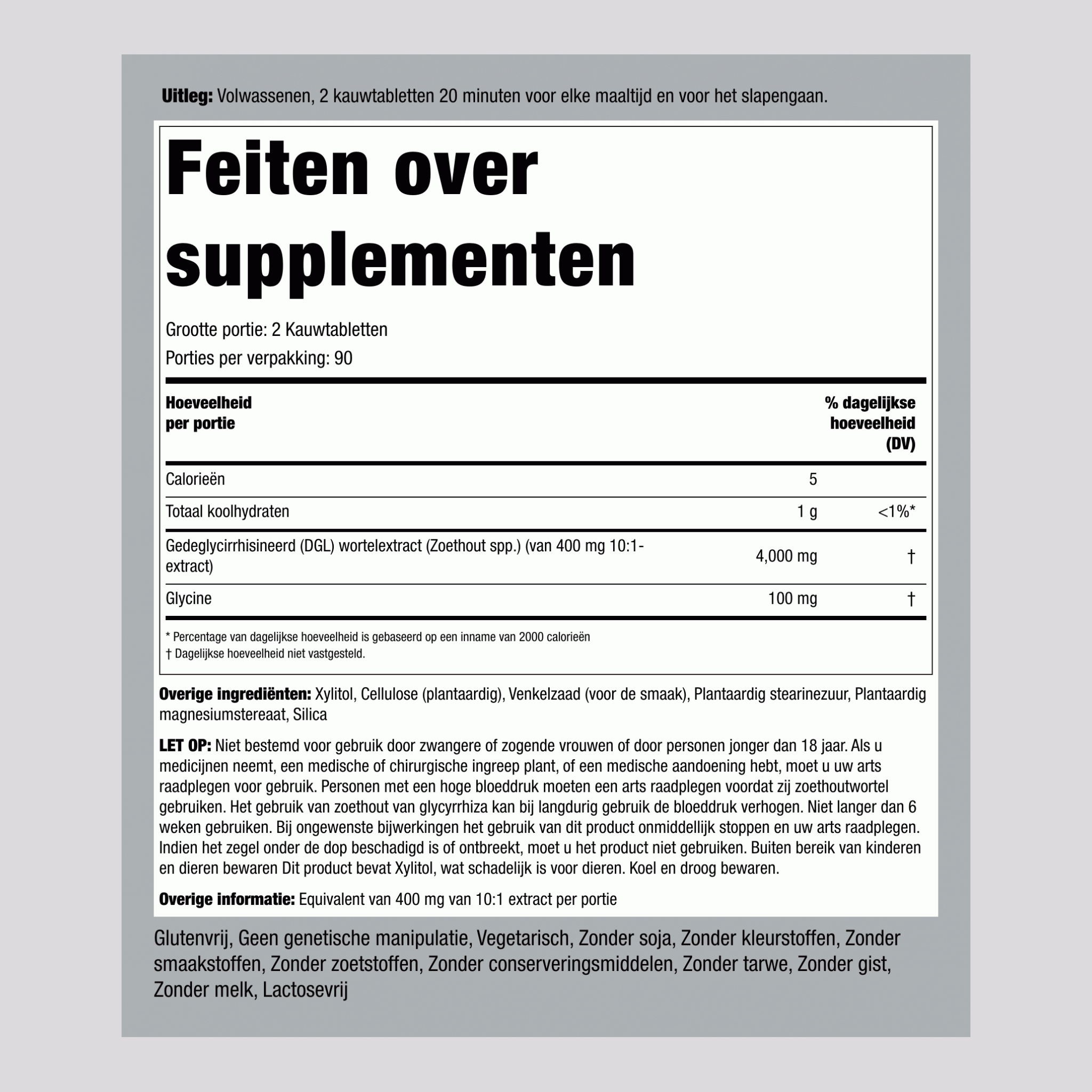 DGL zoethoutwortel kauwbaar mega krachtig (gedeglycyrrhizinateerd) 4000 mg (per portie) 180 Kauwtabletten     