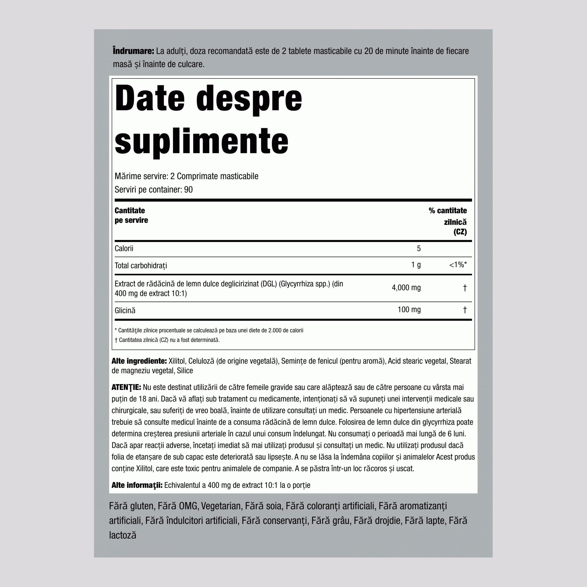 Rădăcină de lemn dulce DGL Masticabilă Mega putere (Deglicirizinată) 4000 mg (per porție) 180 Comprimate masticabile     