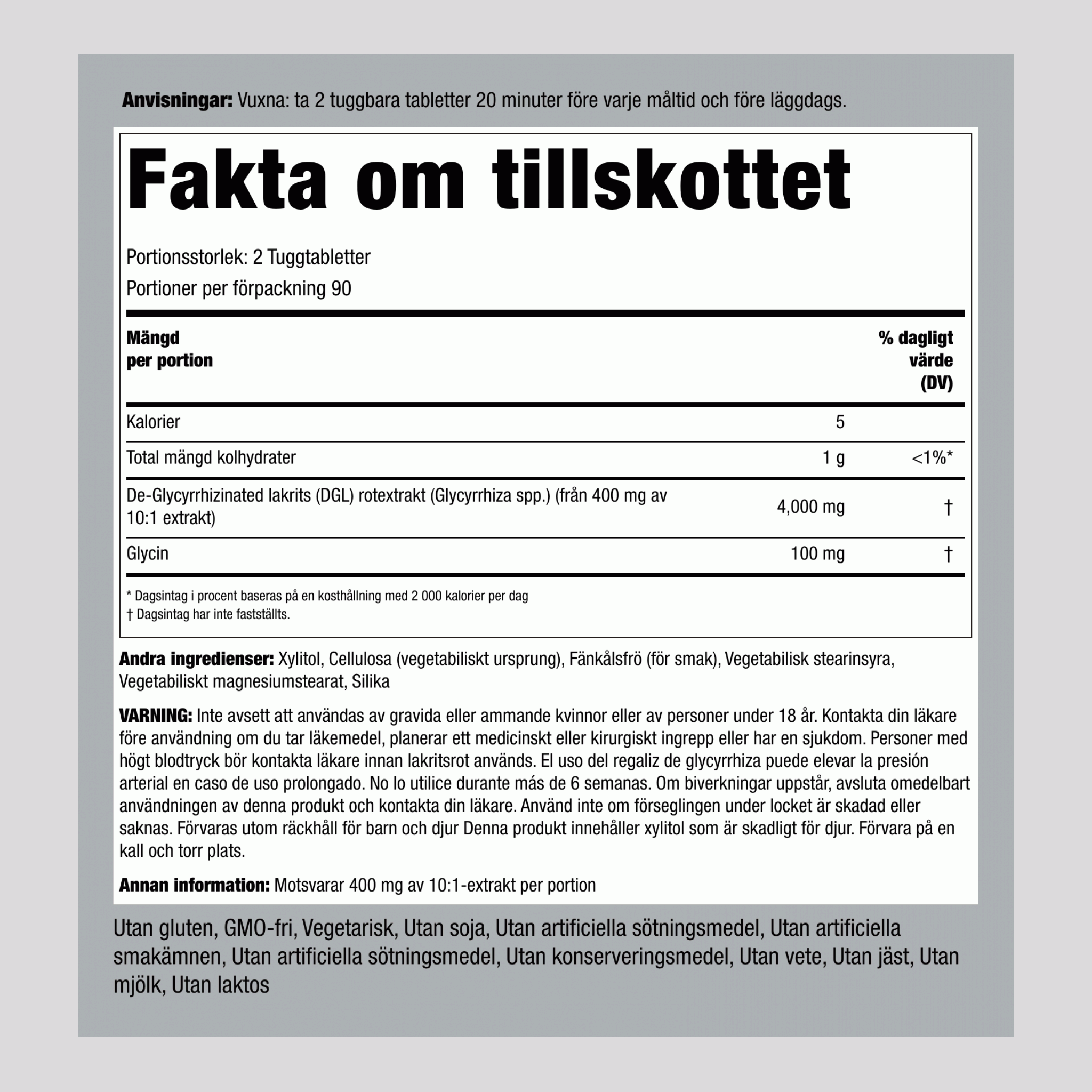 DGL – Lakritsrot Tuggbar Högverkande (deglycyrrhizinated) 4000 mg (per portion) 180 Tuggtabletter     