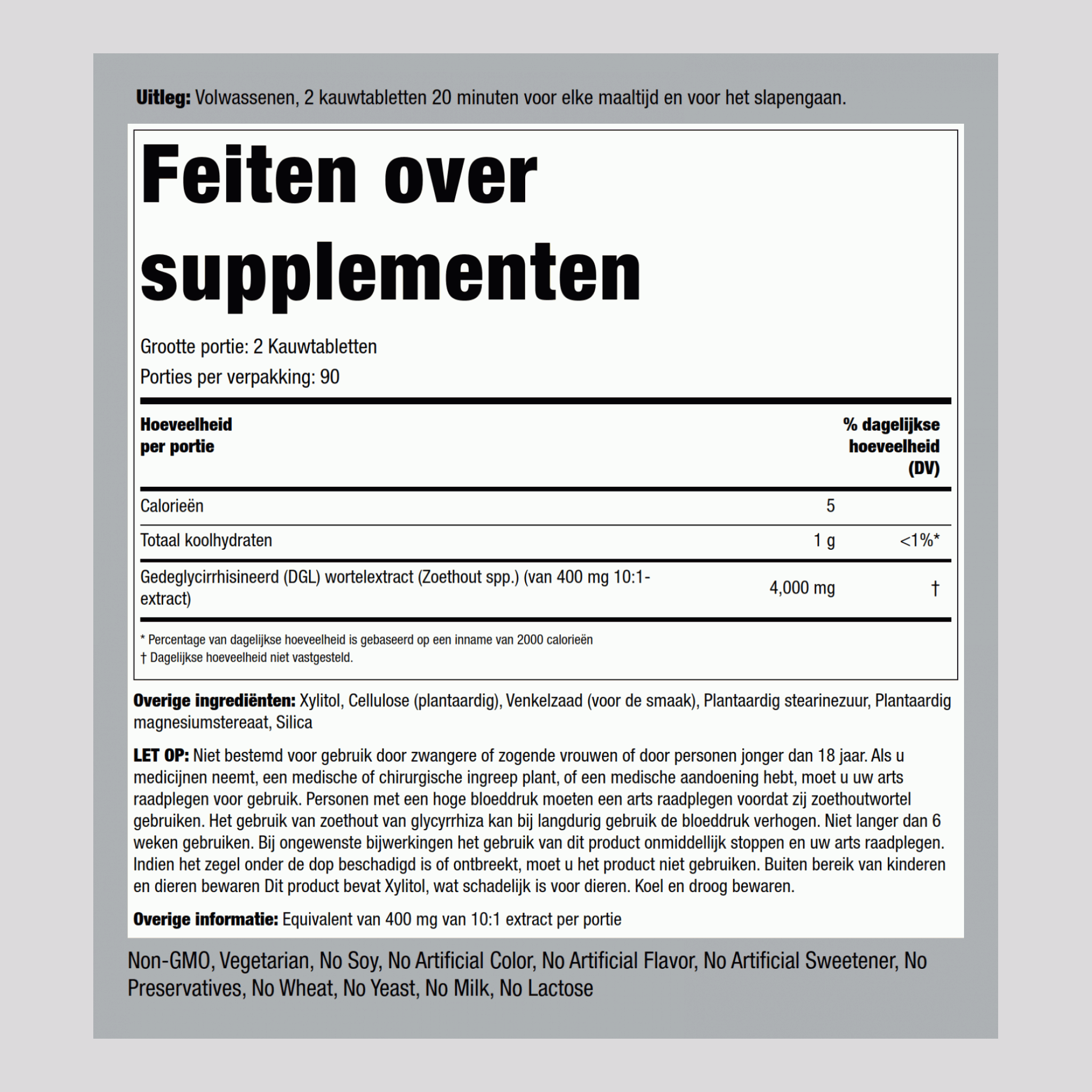 DGL zoethoutwortel kauwbaar mega krachtig (gedeglycyrrhizinateerd) 4000 mg (per portie) 180 Kauwtabletten     