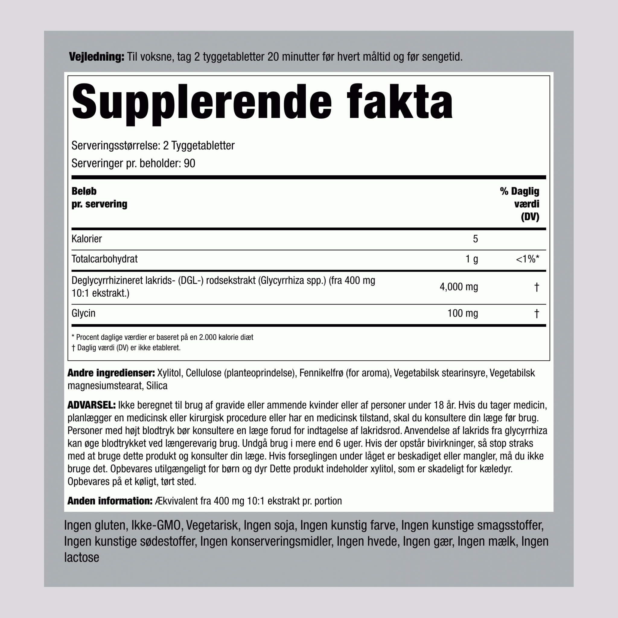 Megastærk DGL Lakridsrod - kan tygges (deglycyrrhizineret lakrids) 4000 mg (pr. dosering) 180 Tyggetabletter 2 Flasker  