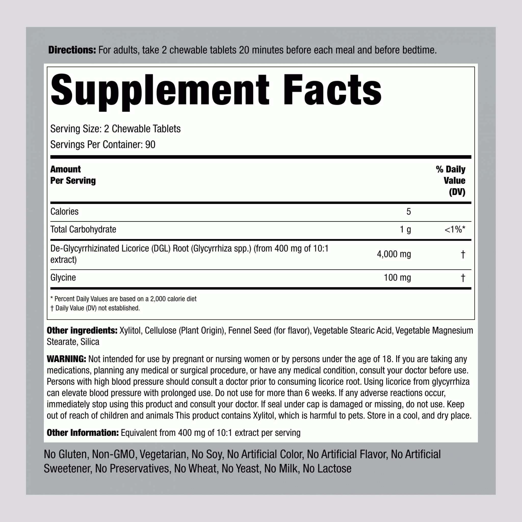 DGL Licorice Root Chewable Mega Potency (Deglycyrrhizinated), 4000 mg (per serving), 180 Chewable Tablets, 2  Bottles
