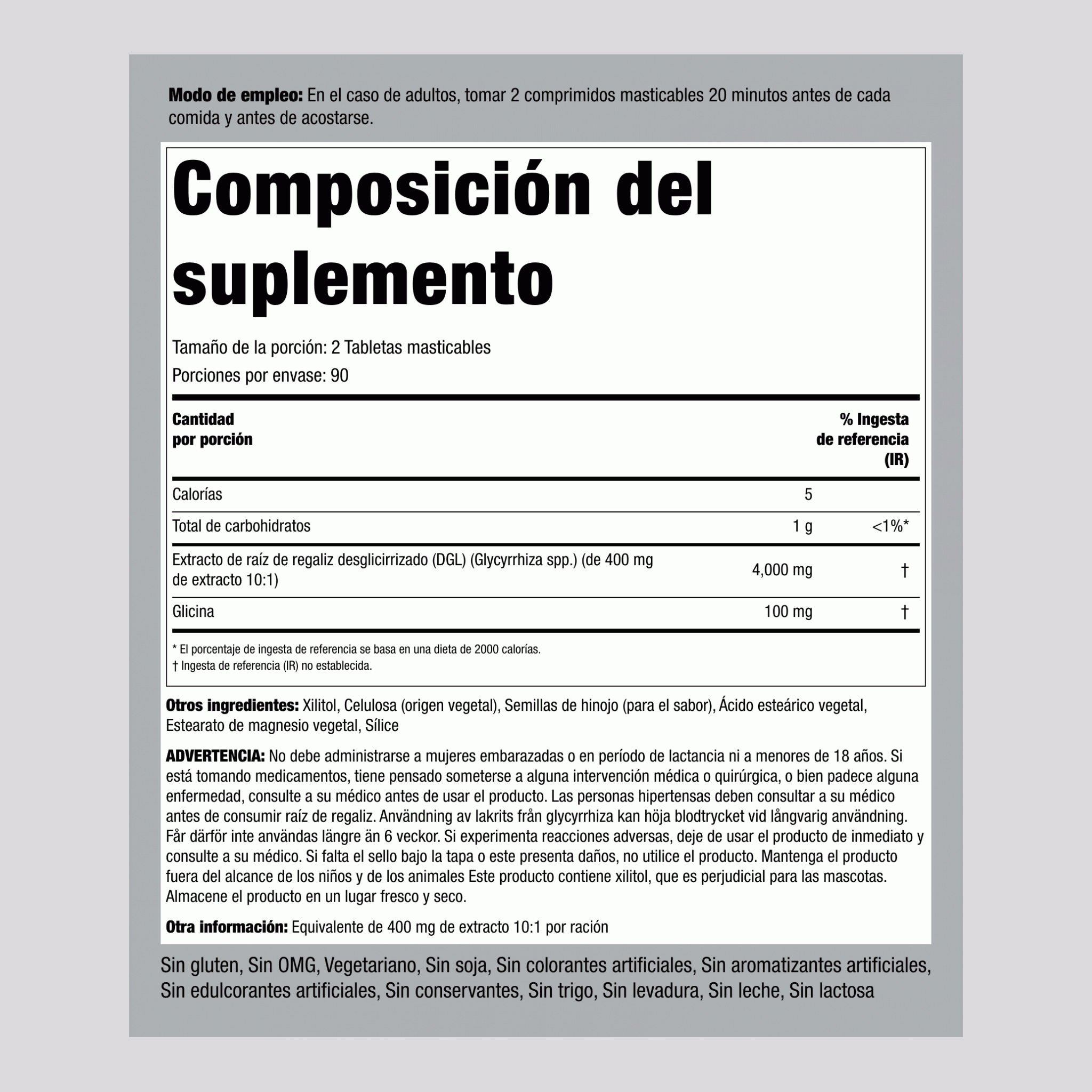 DGL - Raíz de regaliz masticable. Más potencia (deglicirrhizinazado) 4000 mg (por porción) 180 Tabletas masticables 2 Botellas/Frascos  