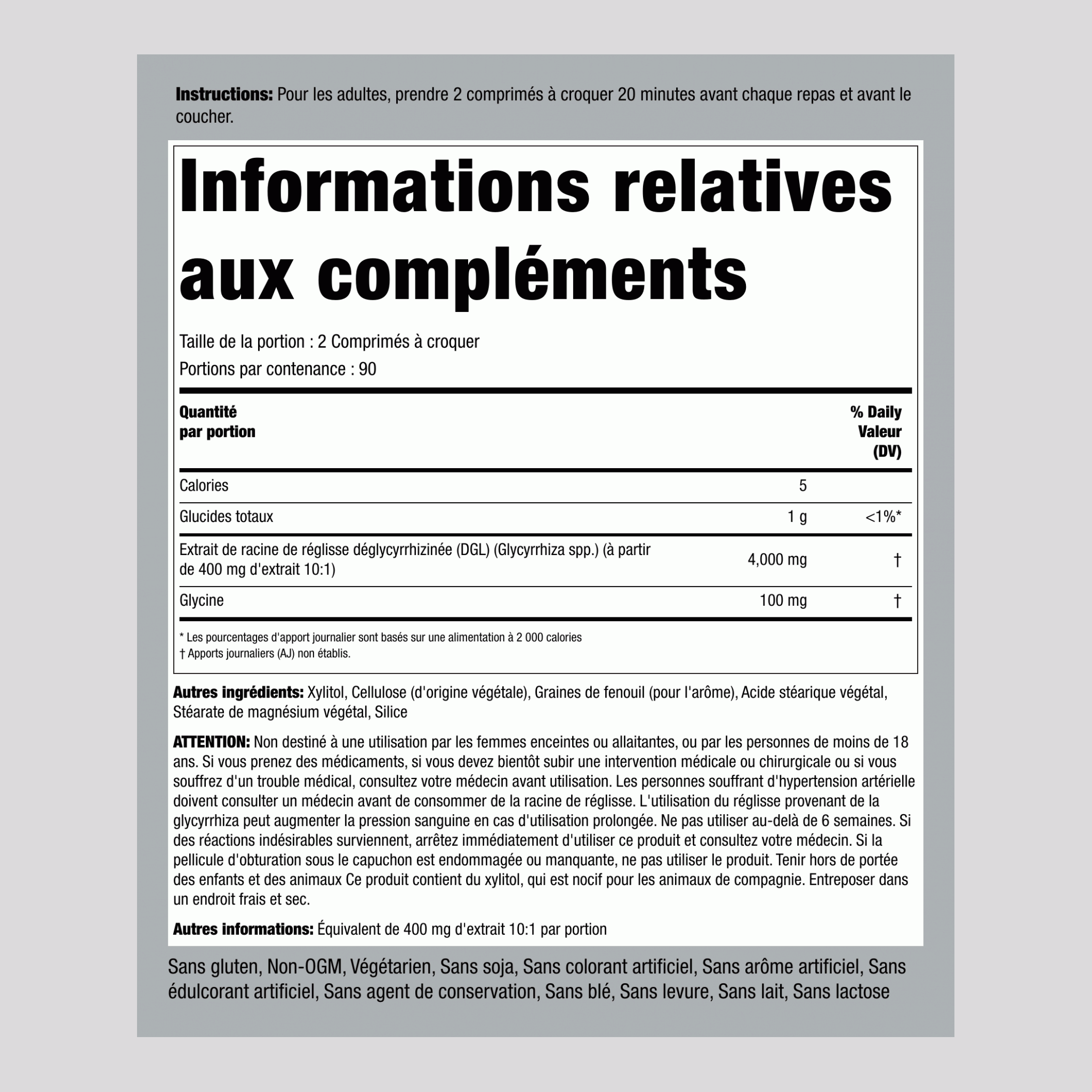 Racine de réglisse DGL à croquer Méga Puissance (Deglycyrisée) 4000 mg (par portion) 180 Comprimés à croquer 2 Bouteilles  