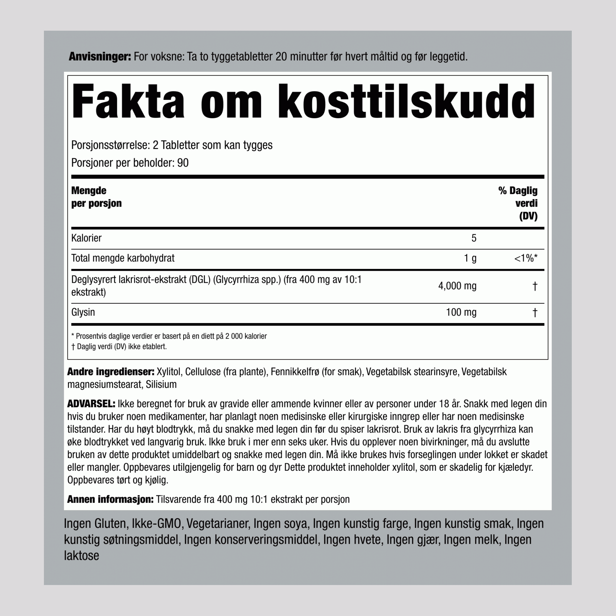 Megastwrk DGL Lakrisrot - kan tygges (deglycyrrhizinert lakris) 4000 mg (per dose) 180 Tabletter som kan tygges 2 Flasker  