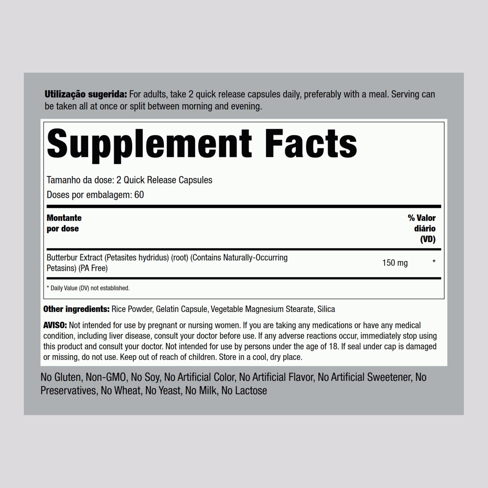 Extrato de butterbur  150 mg (por dose) 120 Cápsulas de Rápida Absorção     