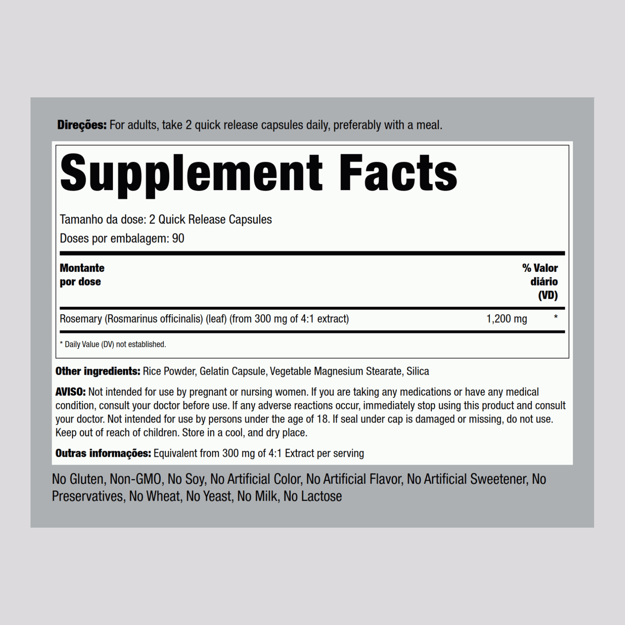 Alecrim 1200 mg (por dose) 180 Cápsulas de Rápida Absorção     