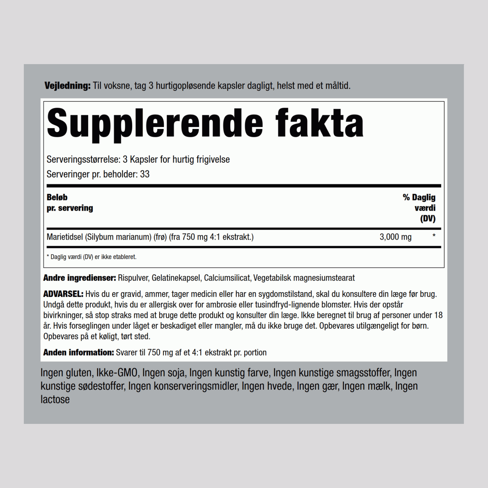 Marietidselfrø-ekstrakt  3000 mg (pr. dosering) 100 Kapsler for hurtig frigivelse     