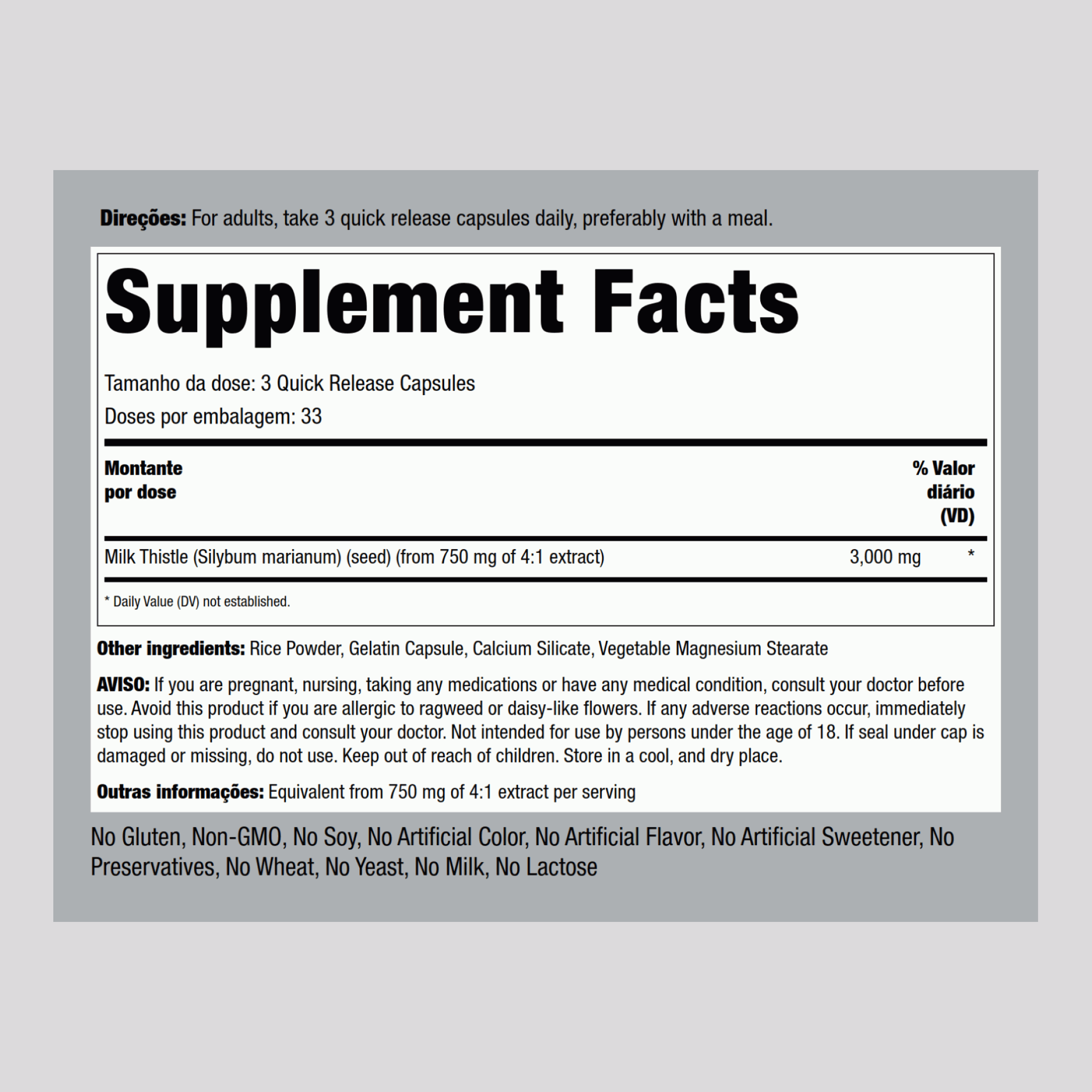 Extrato de sementes de cardo-mariano  3000 mg (por dose) 100 Cápsulas de Rápida Absorção     