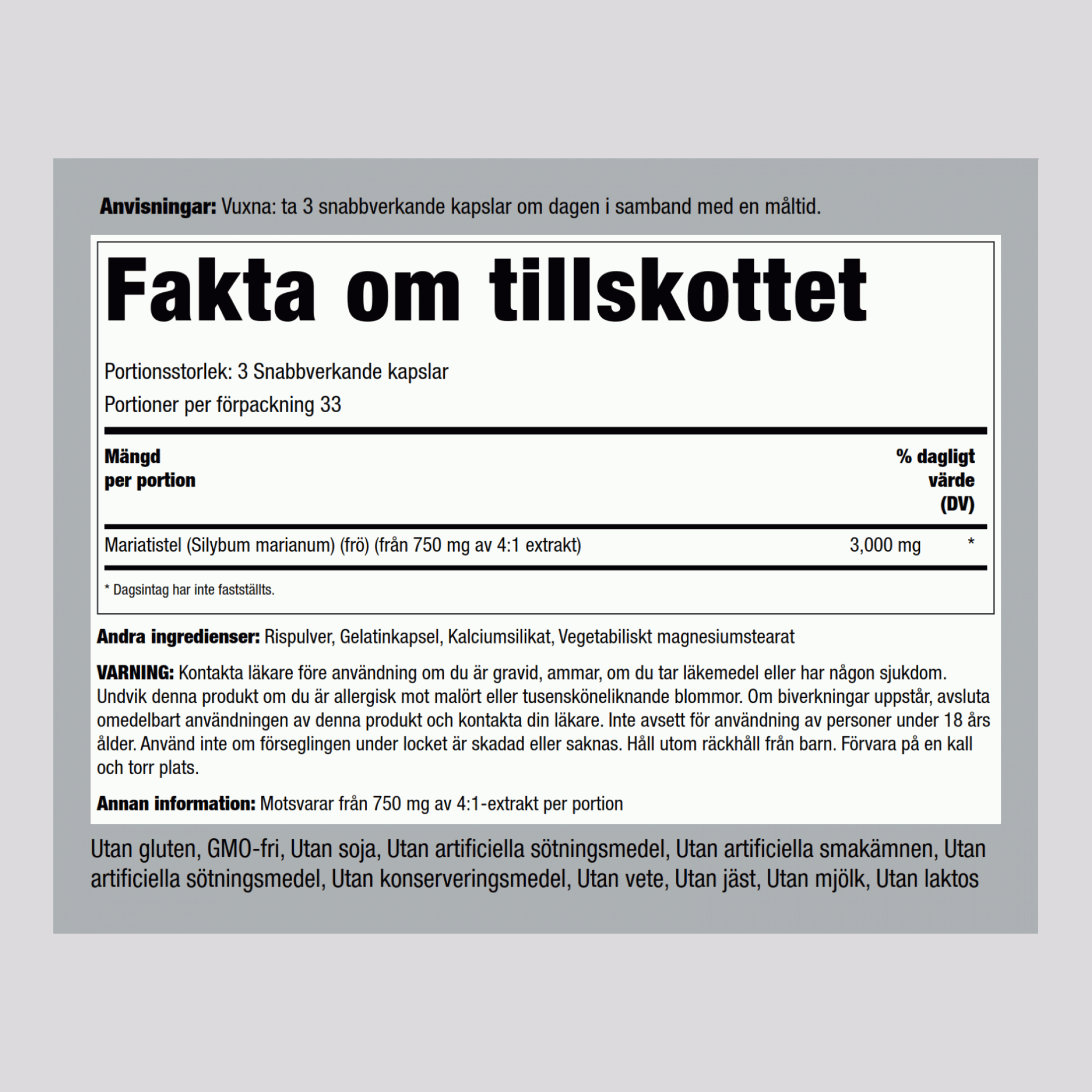 Fröextrakt av mariatistel  3000 mg (per portion) 100 Snabbverkande kapslar     