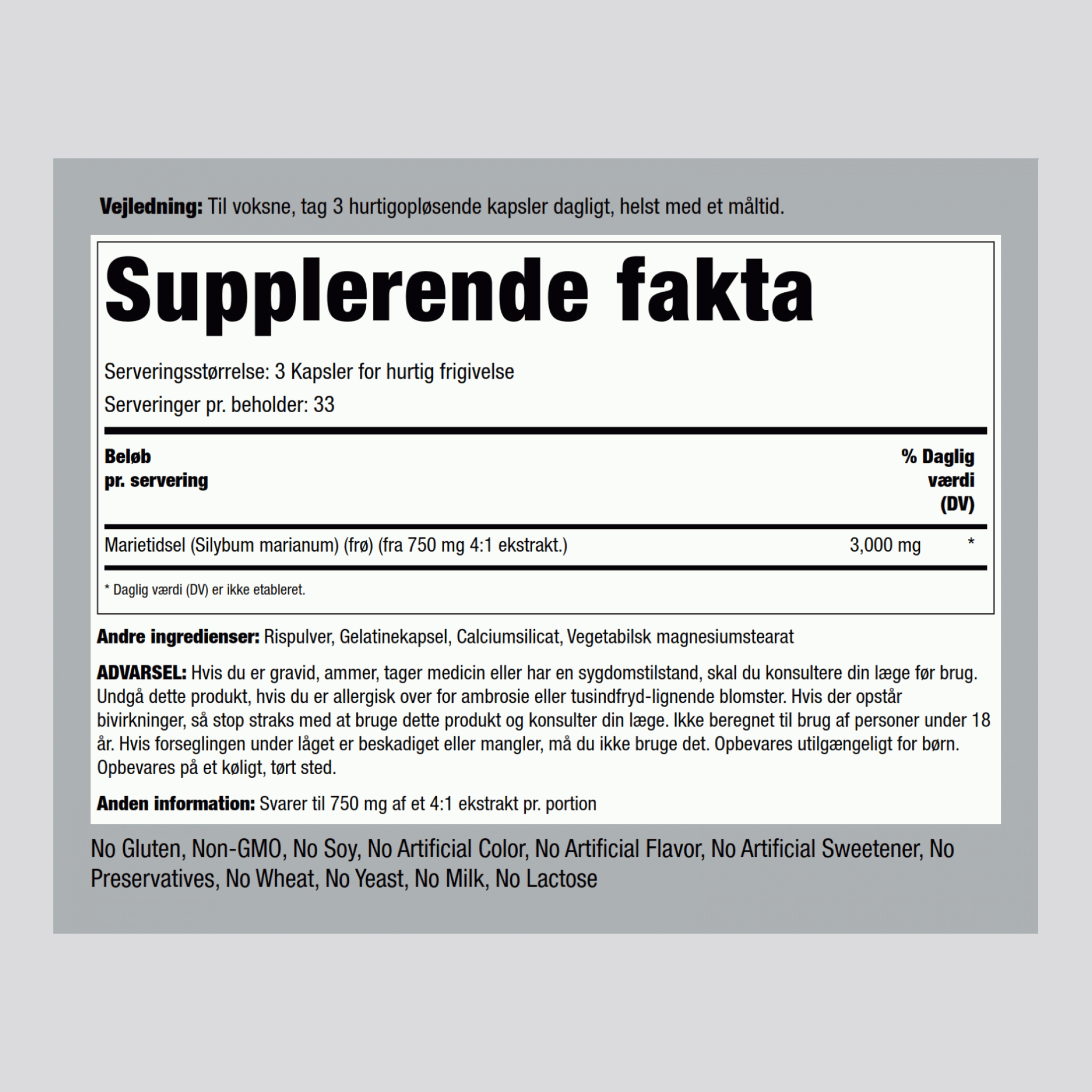 Marietidselfrø-ekstrakt  3000 mg (pr. dosering) 100 Kapsler for hurtig frigivelse     