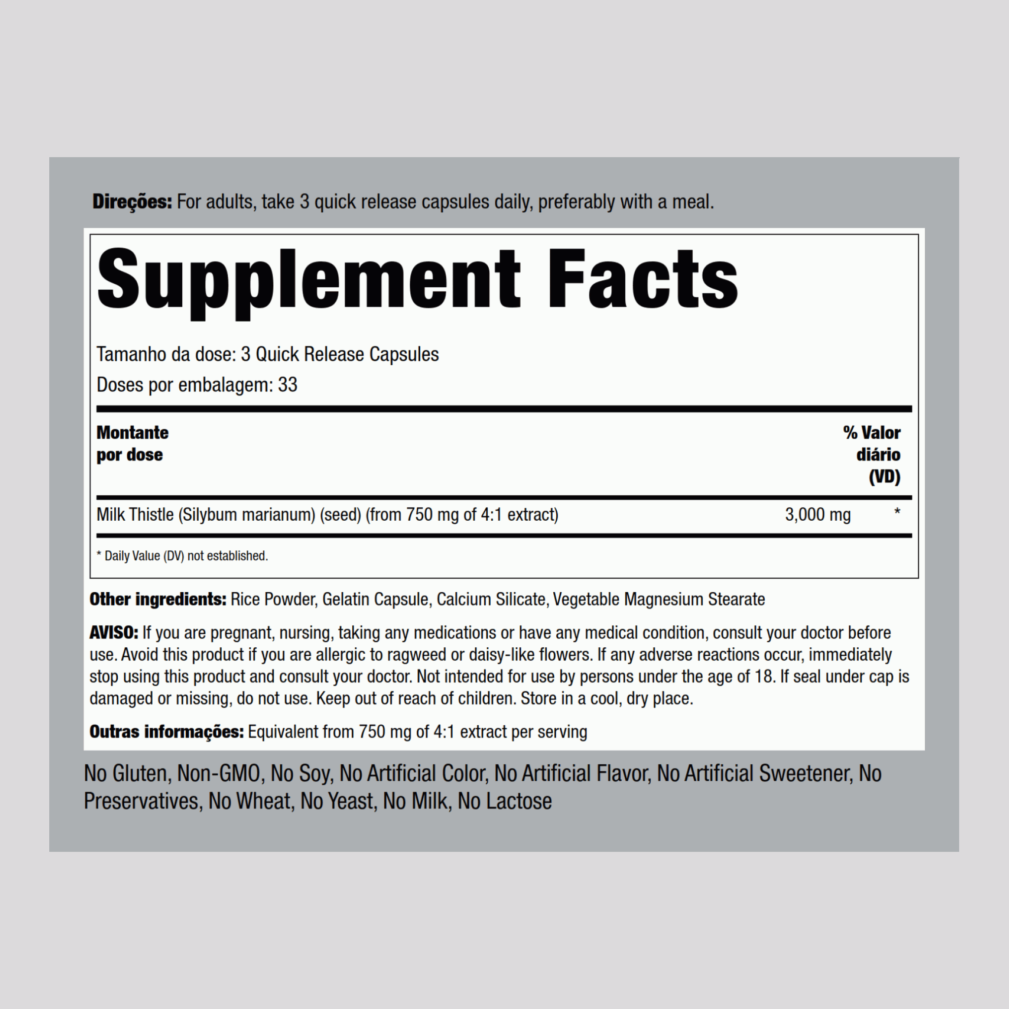 Extrato de sementes de cardo-mariano  3000 mg (por dose) 100 Cápsulas de Rápida Absorção     